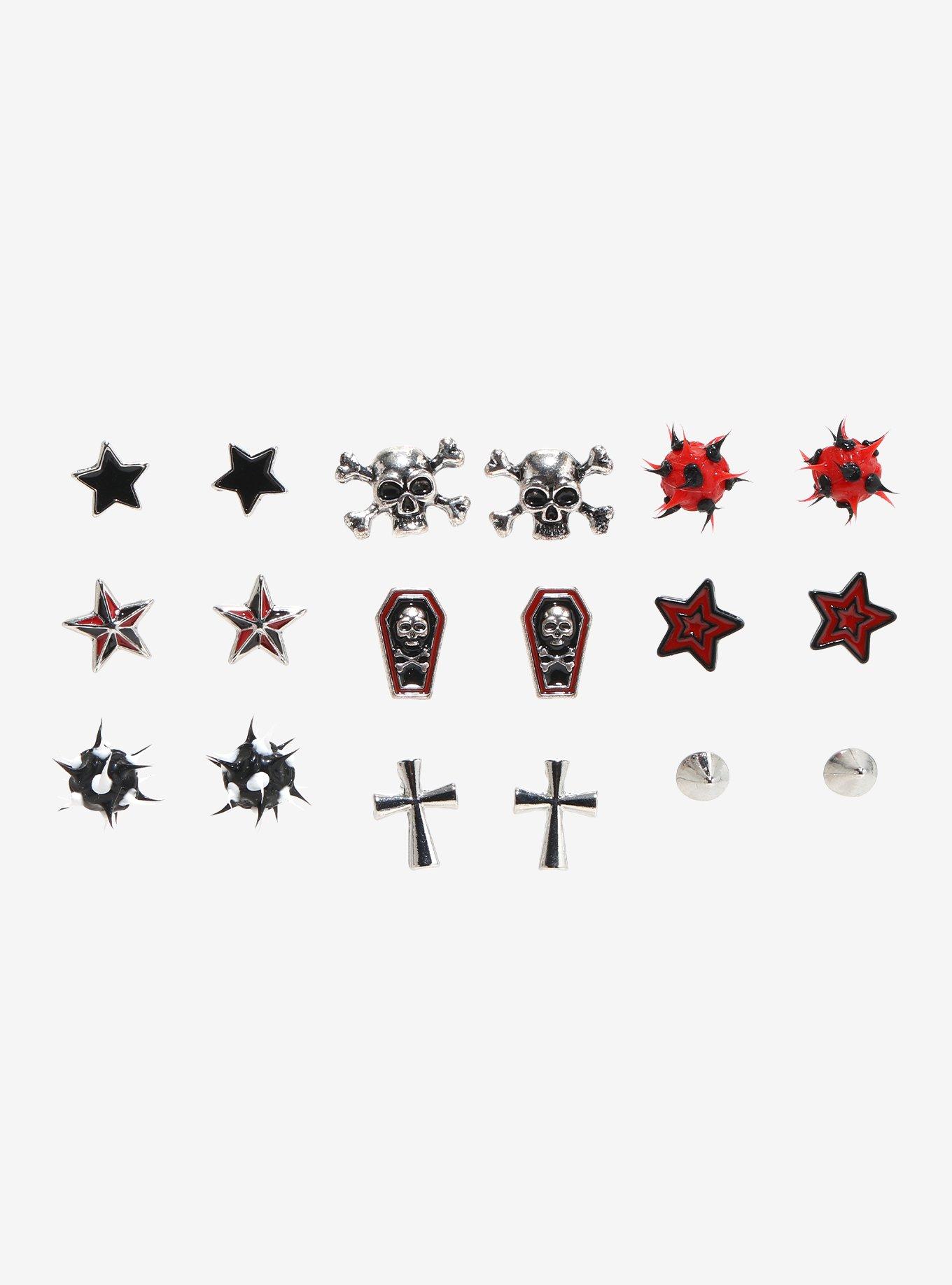 Emo Star Skull Spike Stud Earring Set, , hi-res