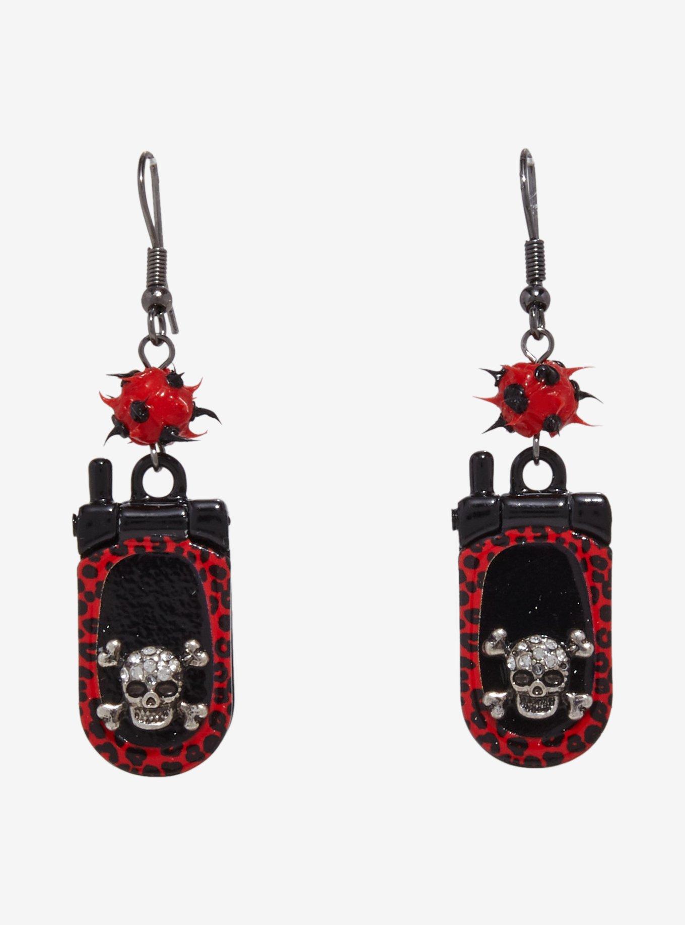 Emo Skull Leopard Flip Phone Earrings, , hi-res