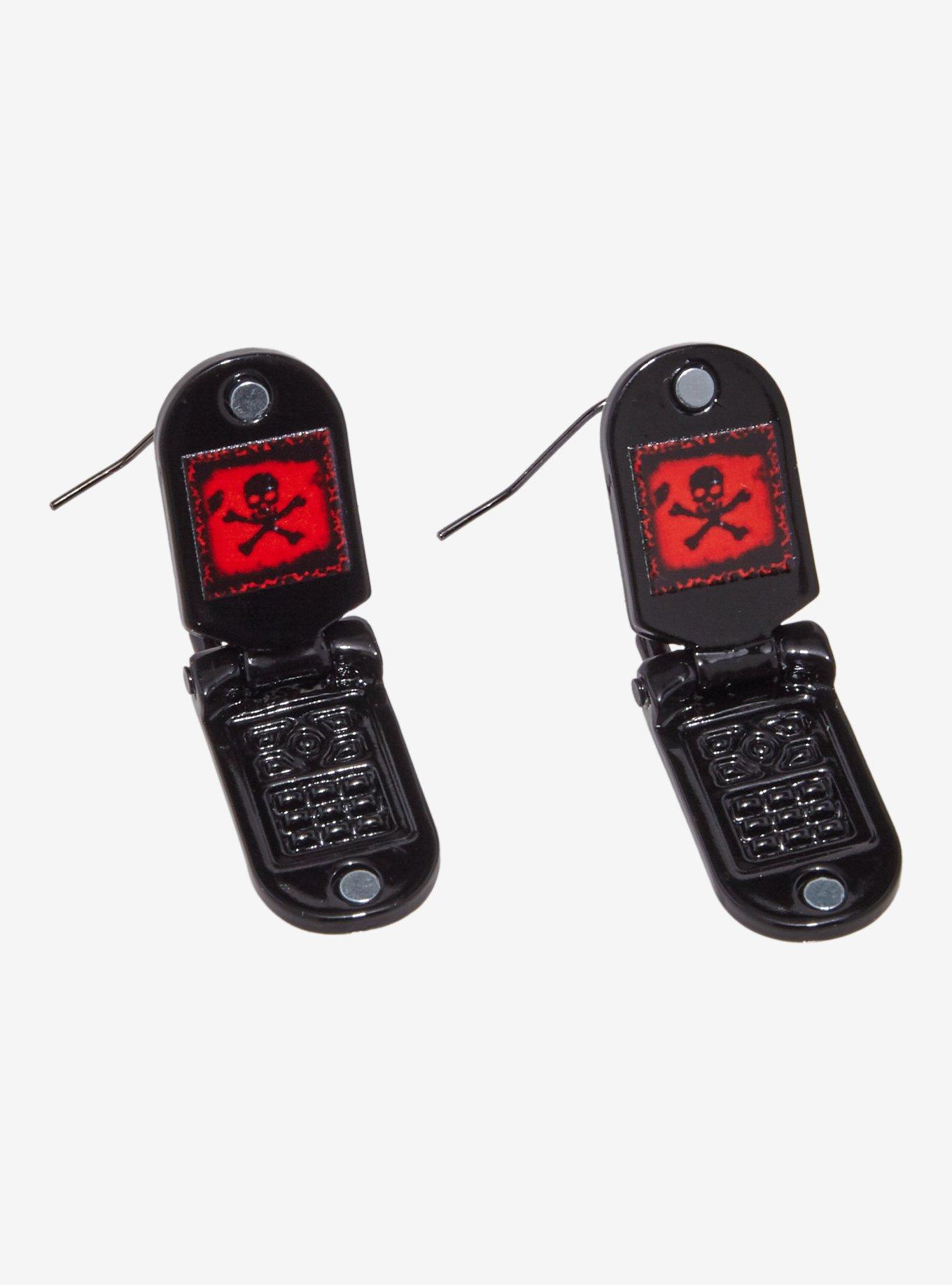 Emo Skull Leopard Flip Phone Earrings, , alternate