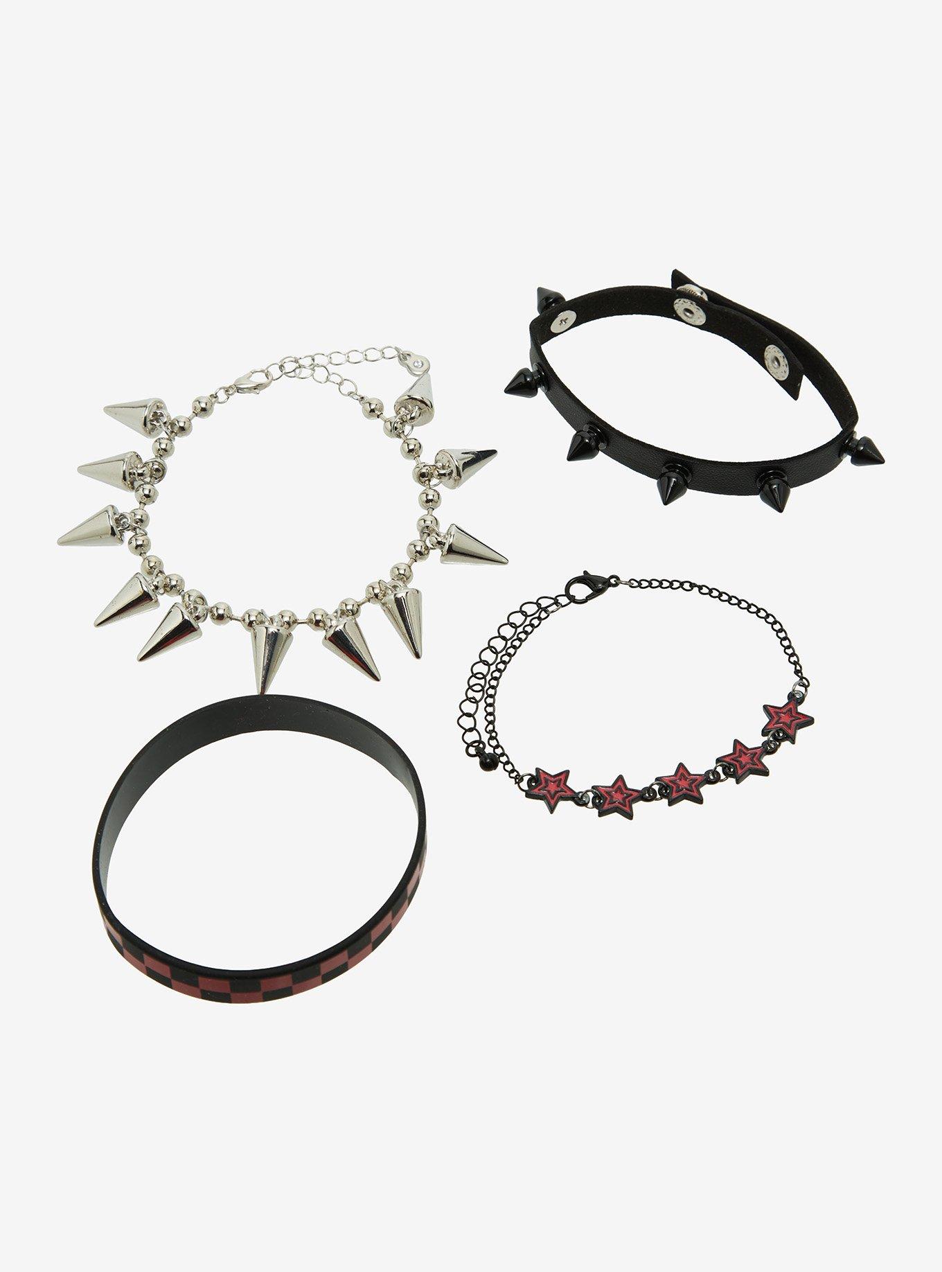 Classic Emo Checkered Spike Bracelet Set, , hi-res
