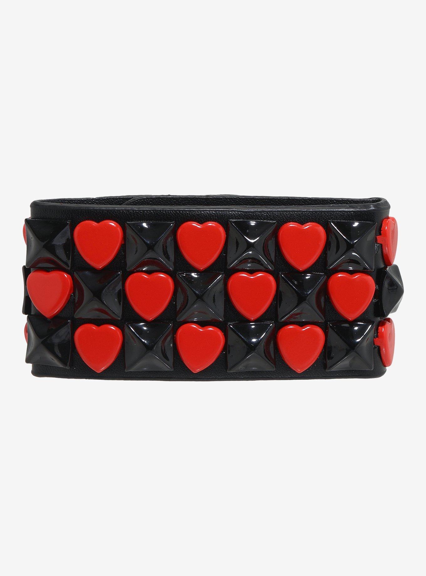 Black & Red Heart Pyramid Stud Cuff Bracelet, , hi-res