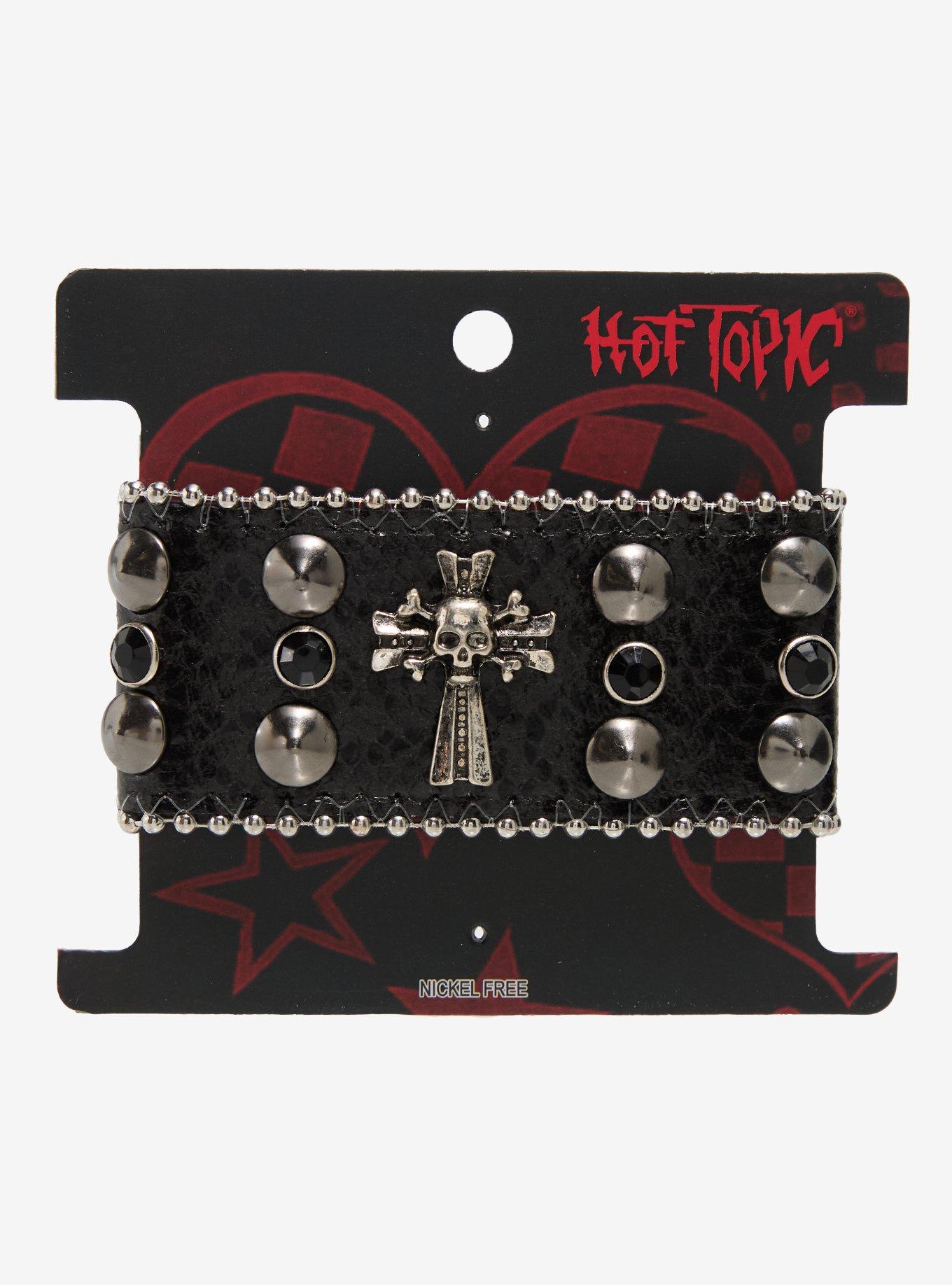 Skull Cross Faux Leather Scale Cuff Bracelet, , hi-res