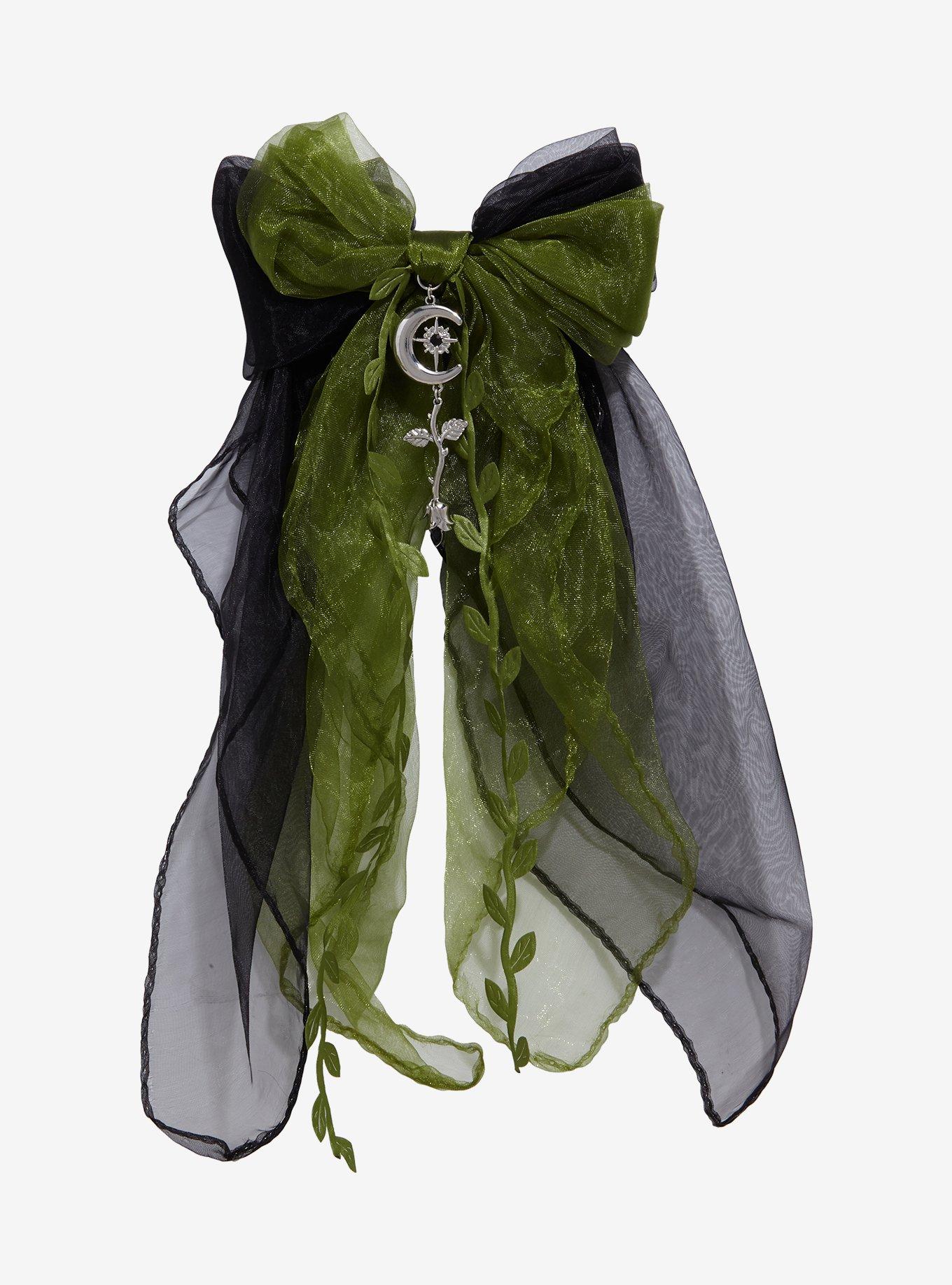 Thorn & Fable Green & Black Rose Organza Hair Bow, , hi-res