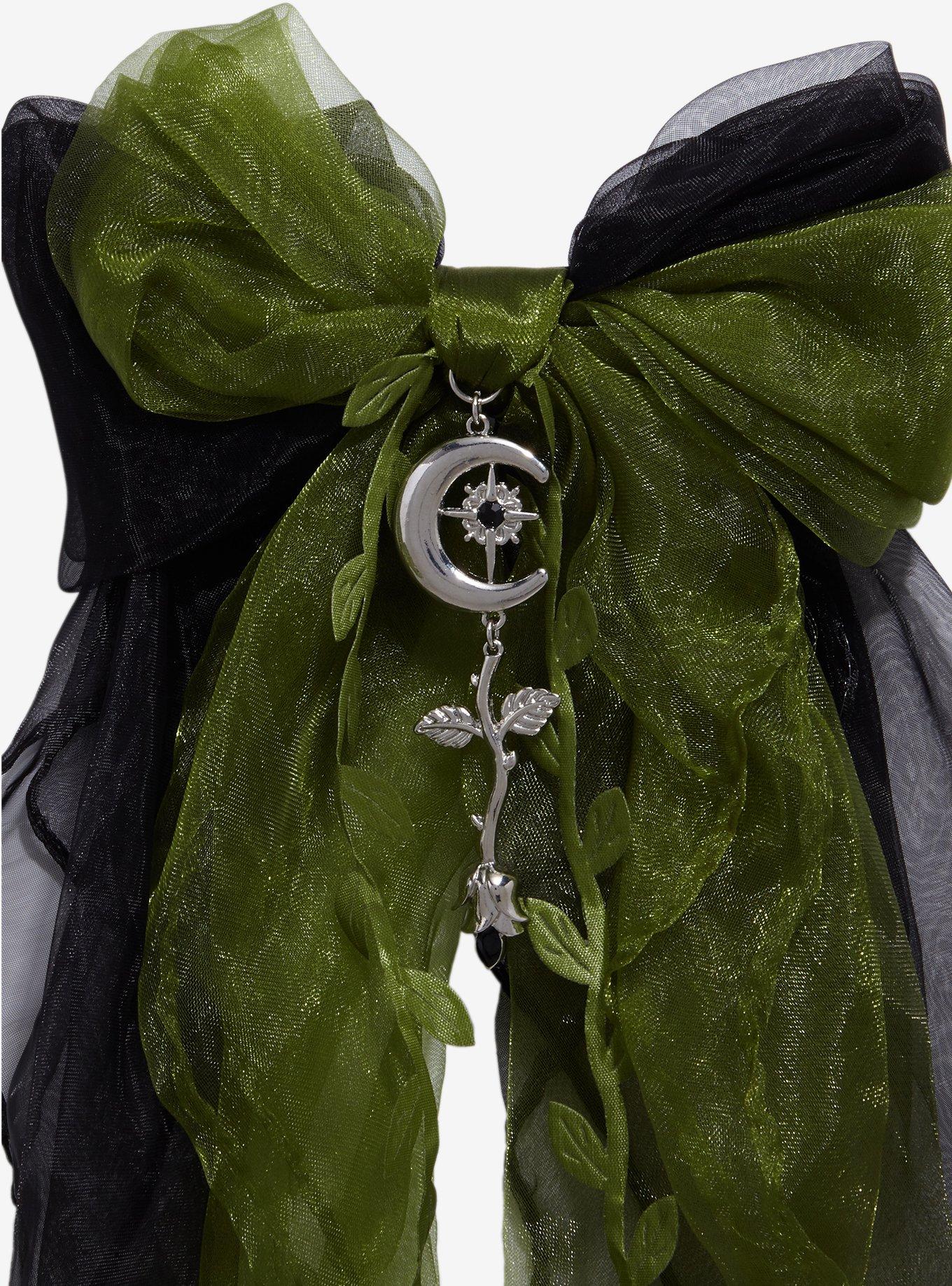 Thorn & Fable Green & Black Rose Organza Hair Bow, , alternate
