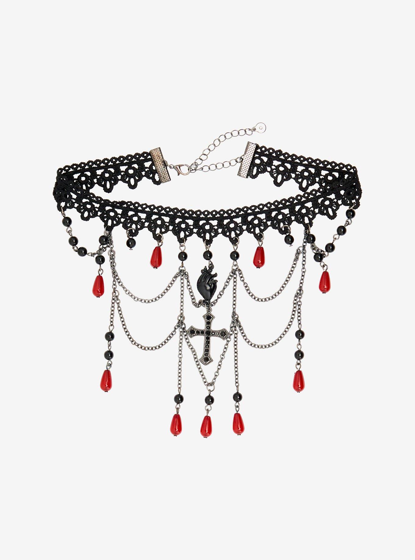 Cosmic Aura Black & Red Heart Cross Choker, , hi-res