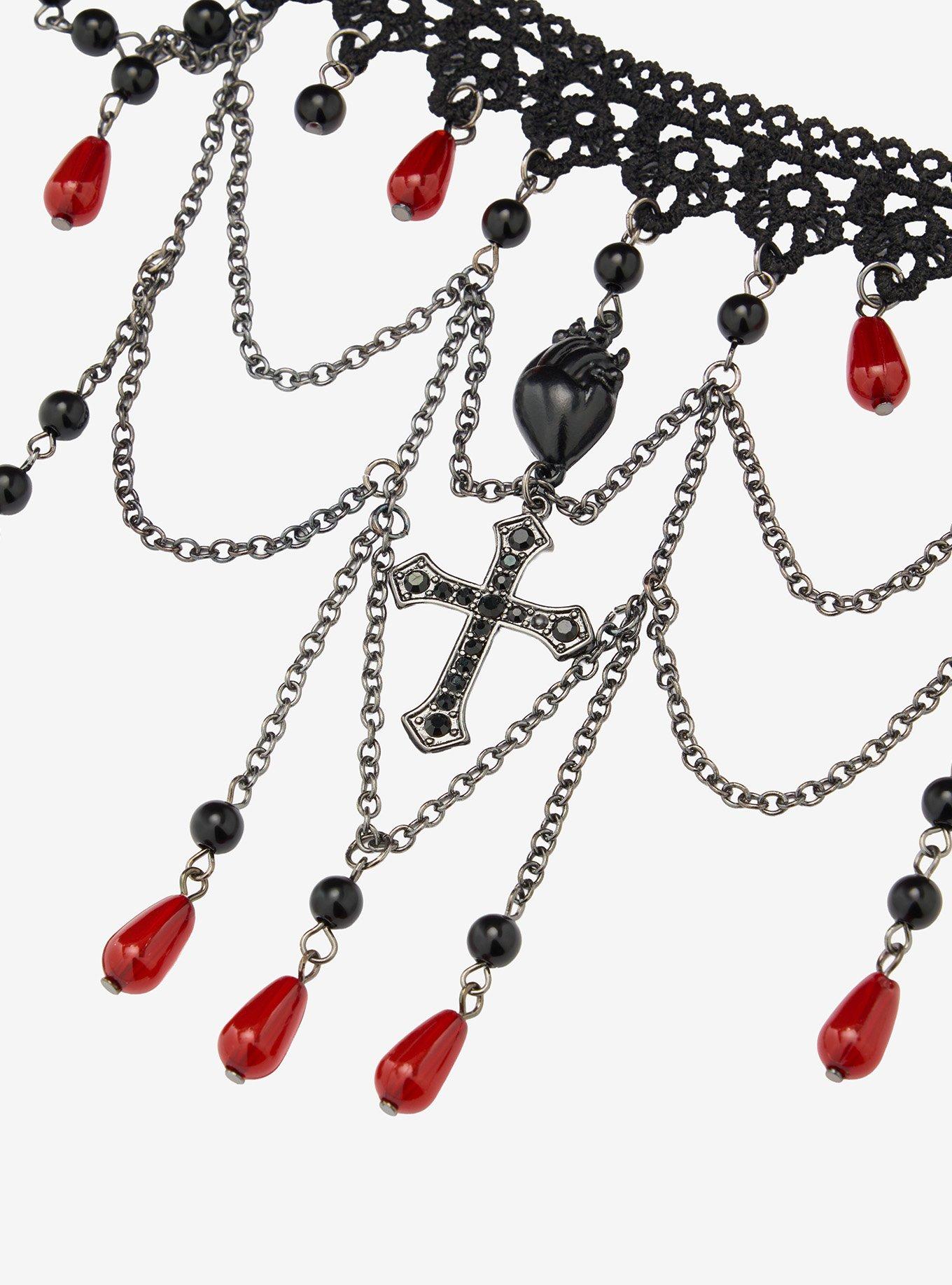 Cosmic Aura Black & Red Heart Cross Choker, , alternate