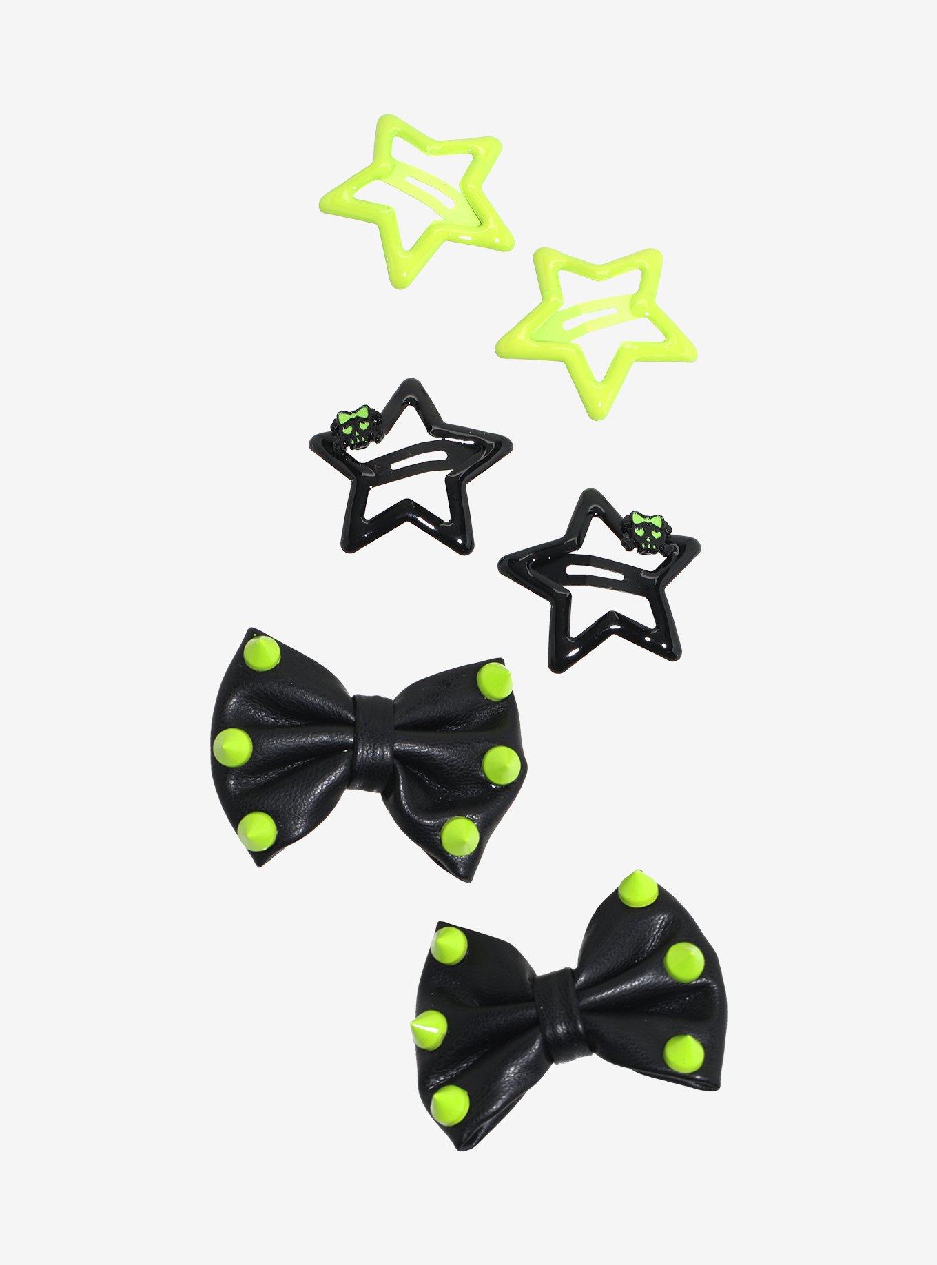 Black & Green Star Bow Hair Clip Set, , hi-res