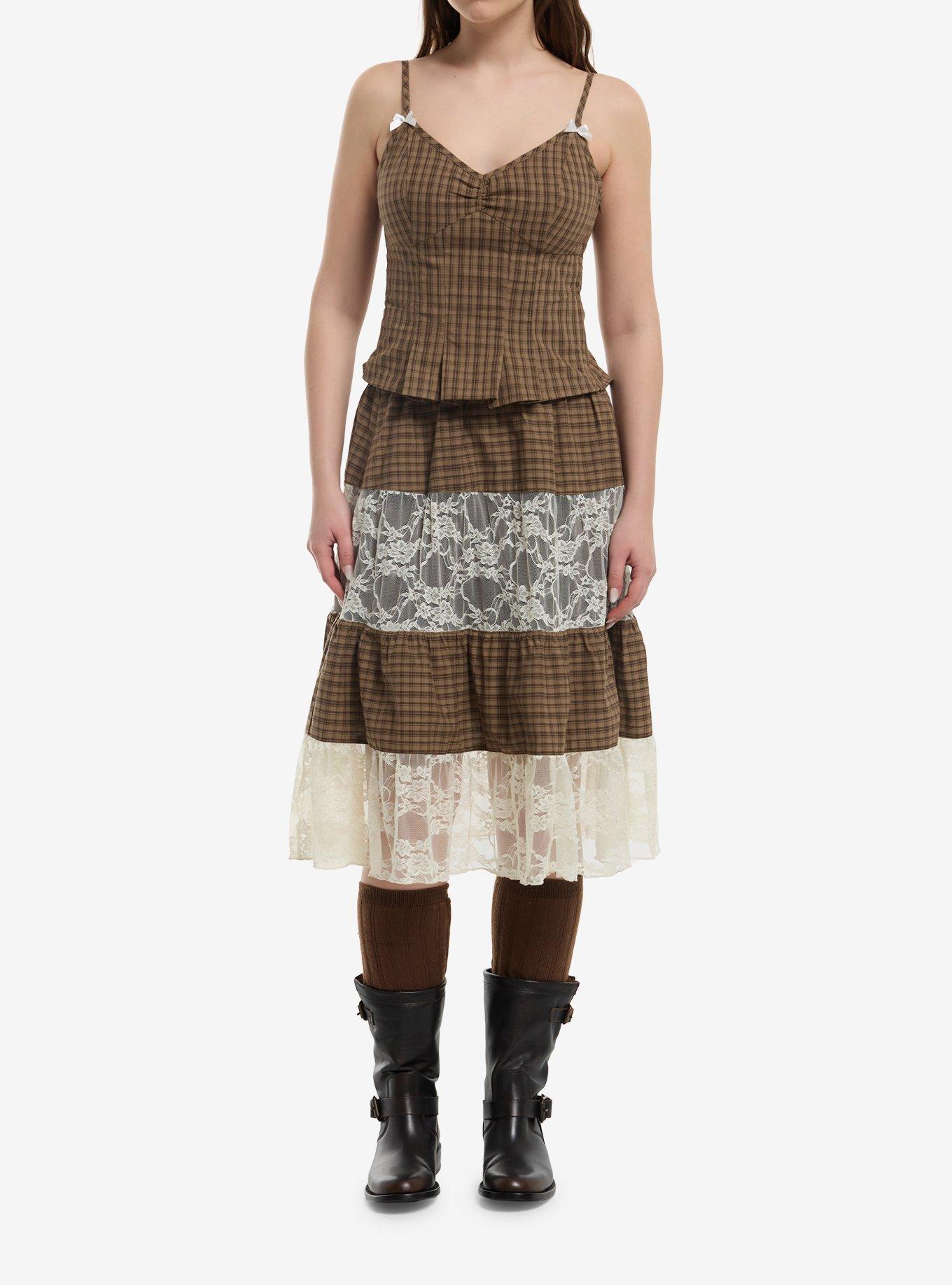 Thorn & Fable Brown Plaid Pleated Girls Cami, , hi-res