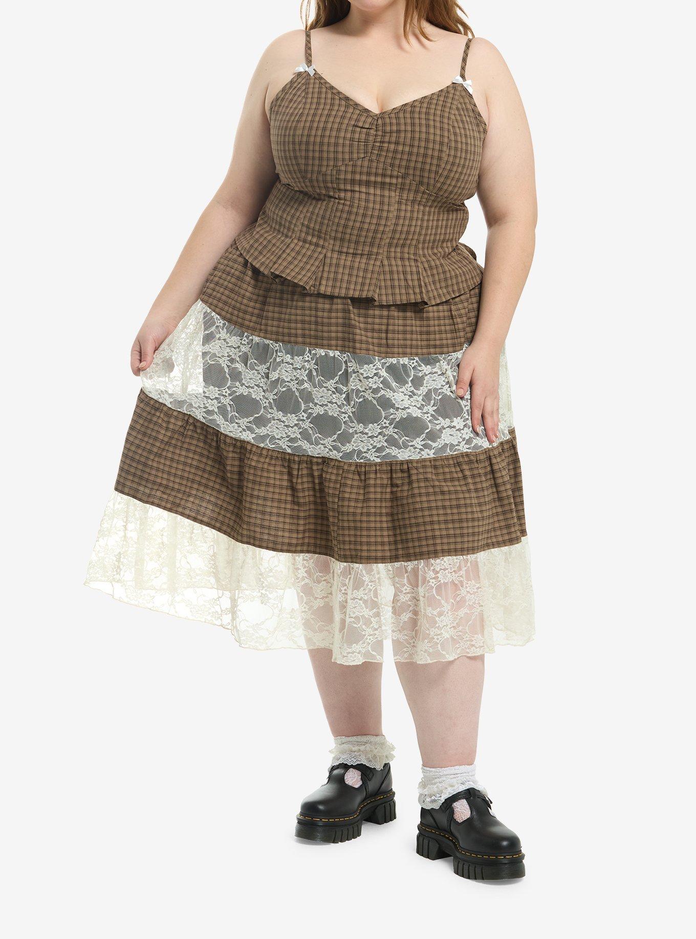 Thorn & Fable Brown Plaid Pleated Cami Plus Size, , hi-res
