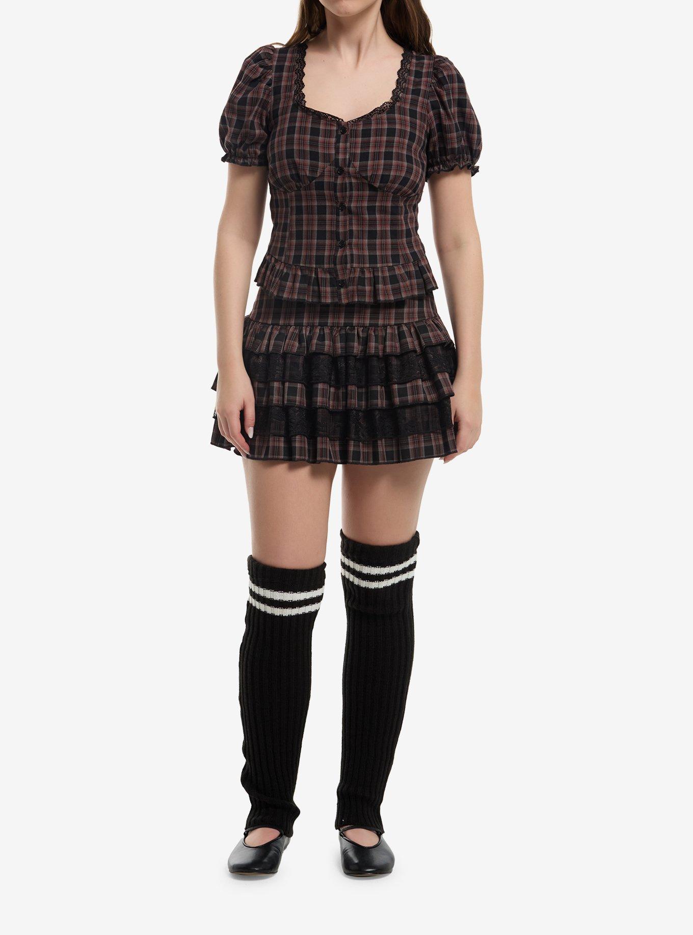 Dark Red Plaid Ruffle Girls Top, , hi-res