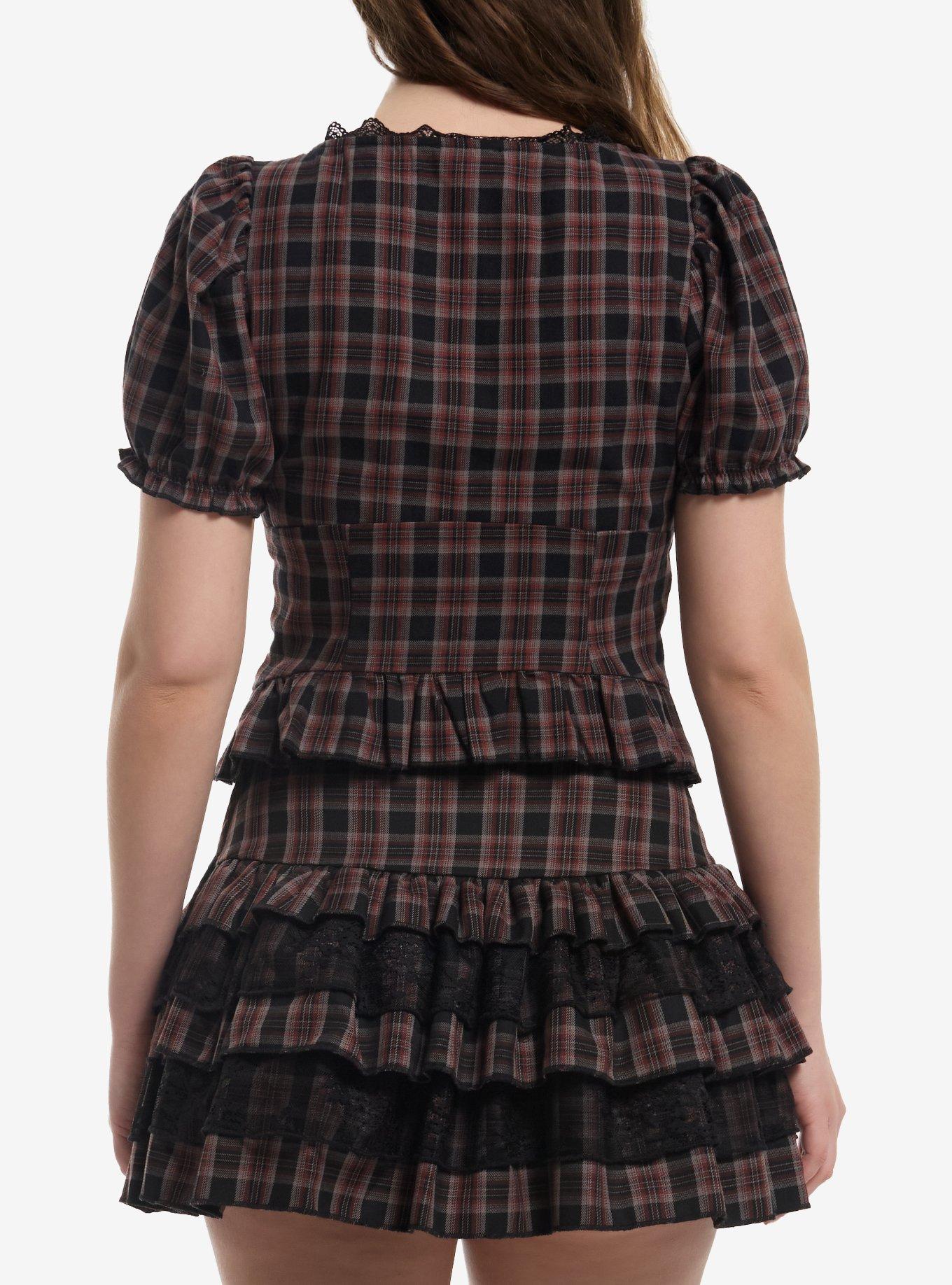 Dark Red Plaid Ruffle Girls Top, MULTI, alternate