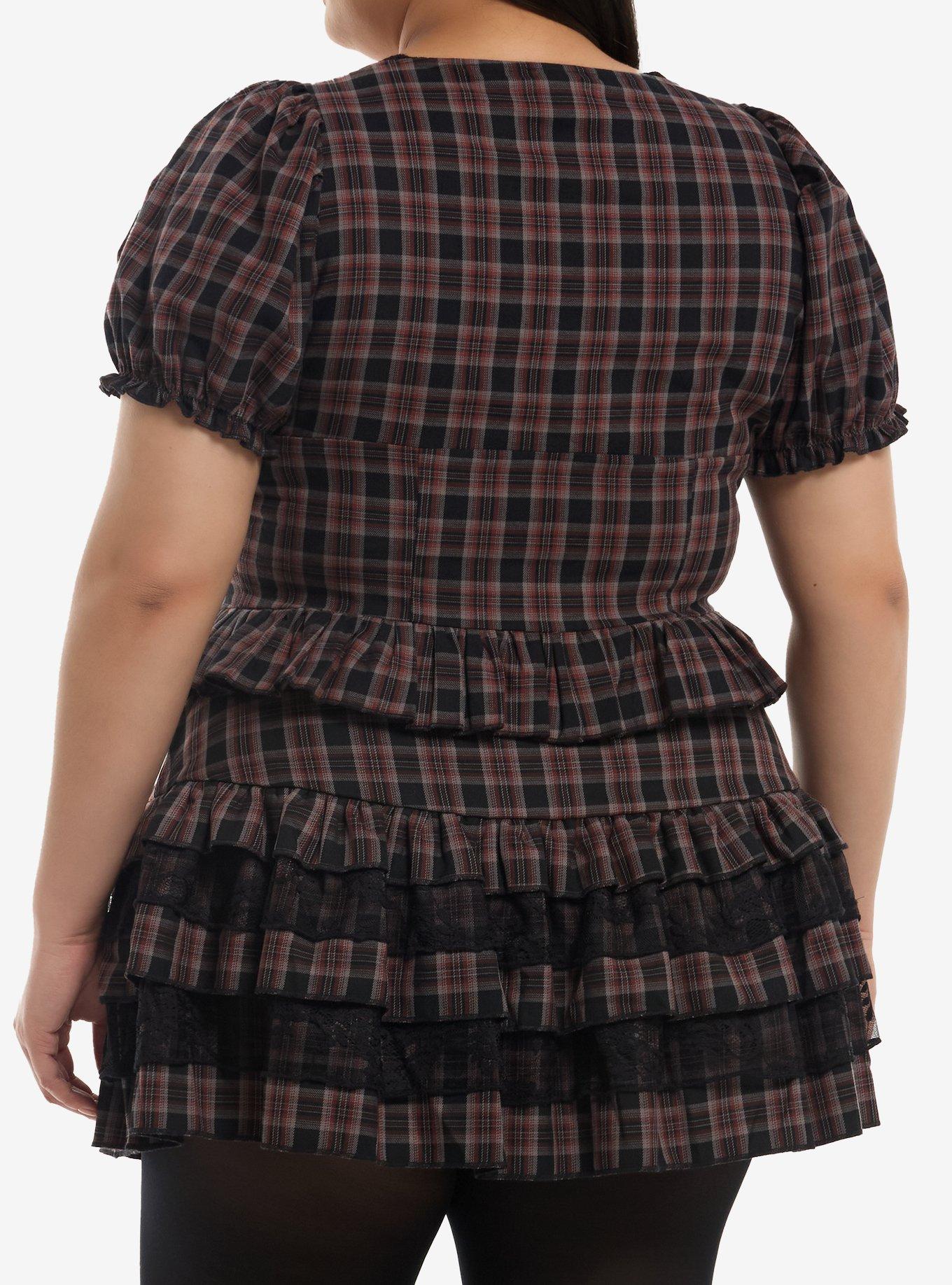 Dark Red Plaid Ruffle Girls Top Plus Size, MULTI, alternate