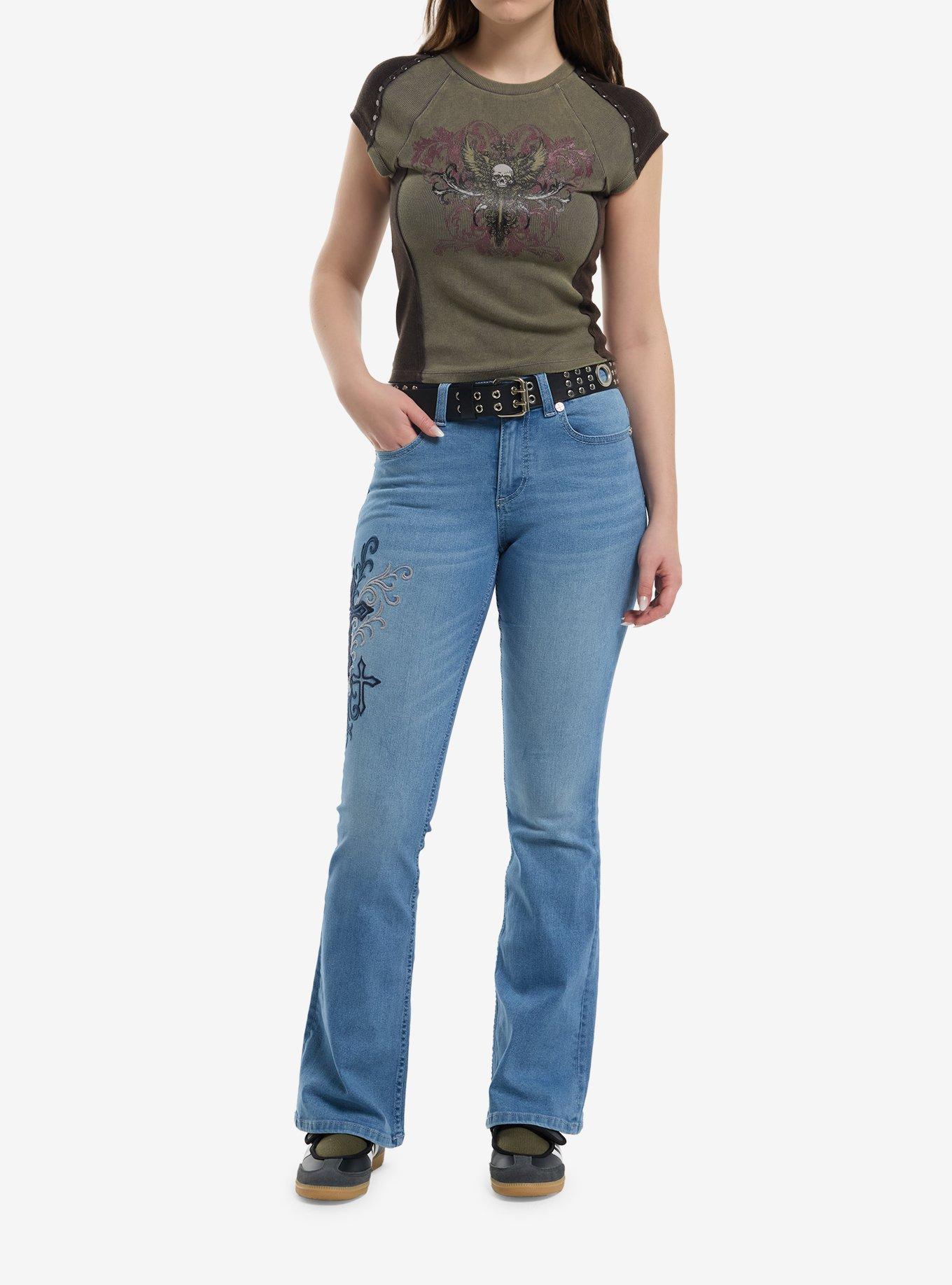 Social Collision Grunge Winged Skull Girls Crop Raglan T-Shirt, , hi-res