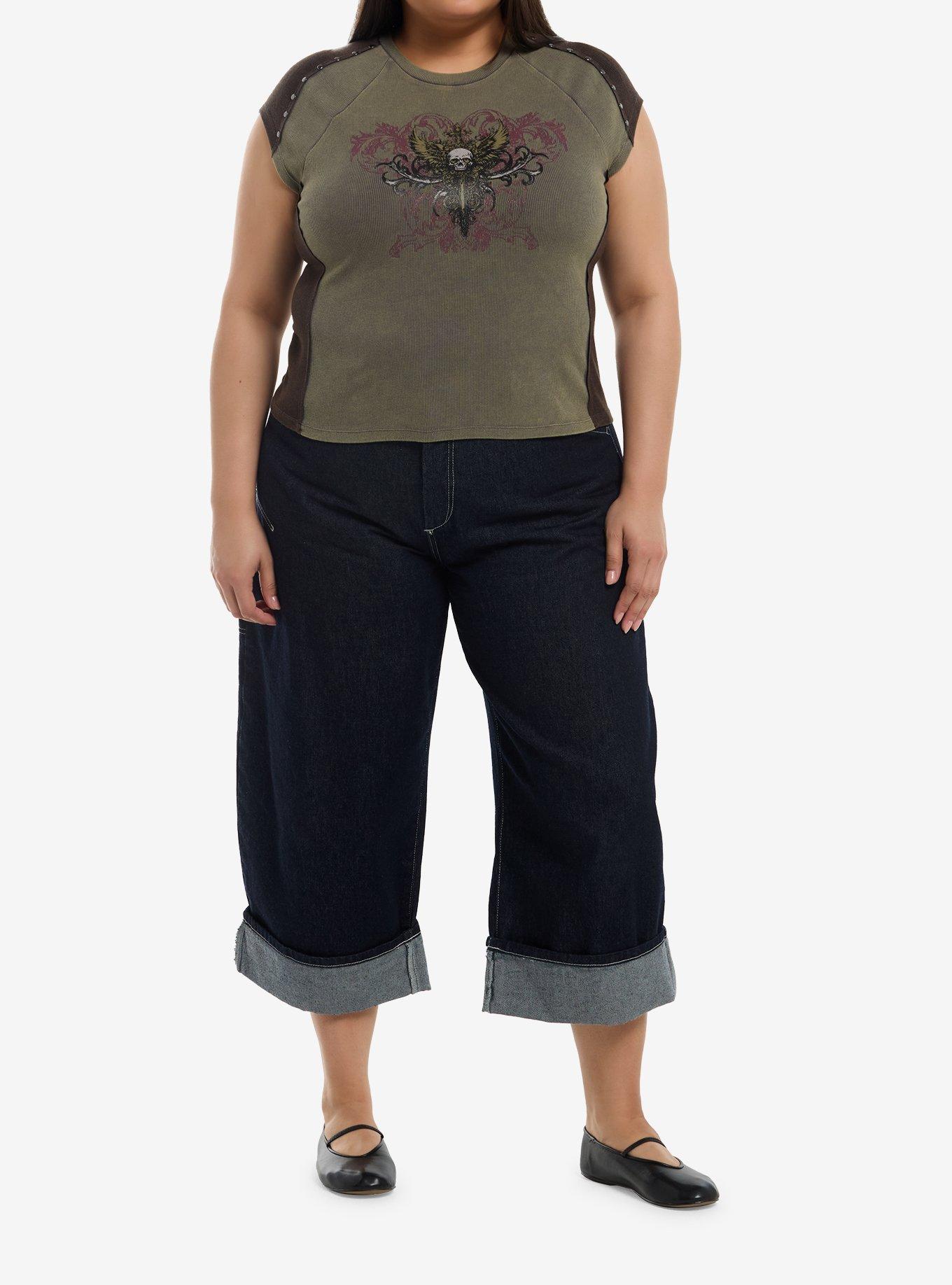 Social Collision Grunge Winged Skull Girls Crop Raglan T-Shirt Plus Size, , hi-res