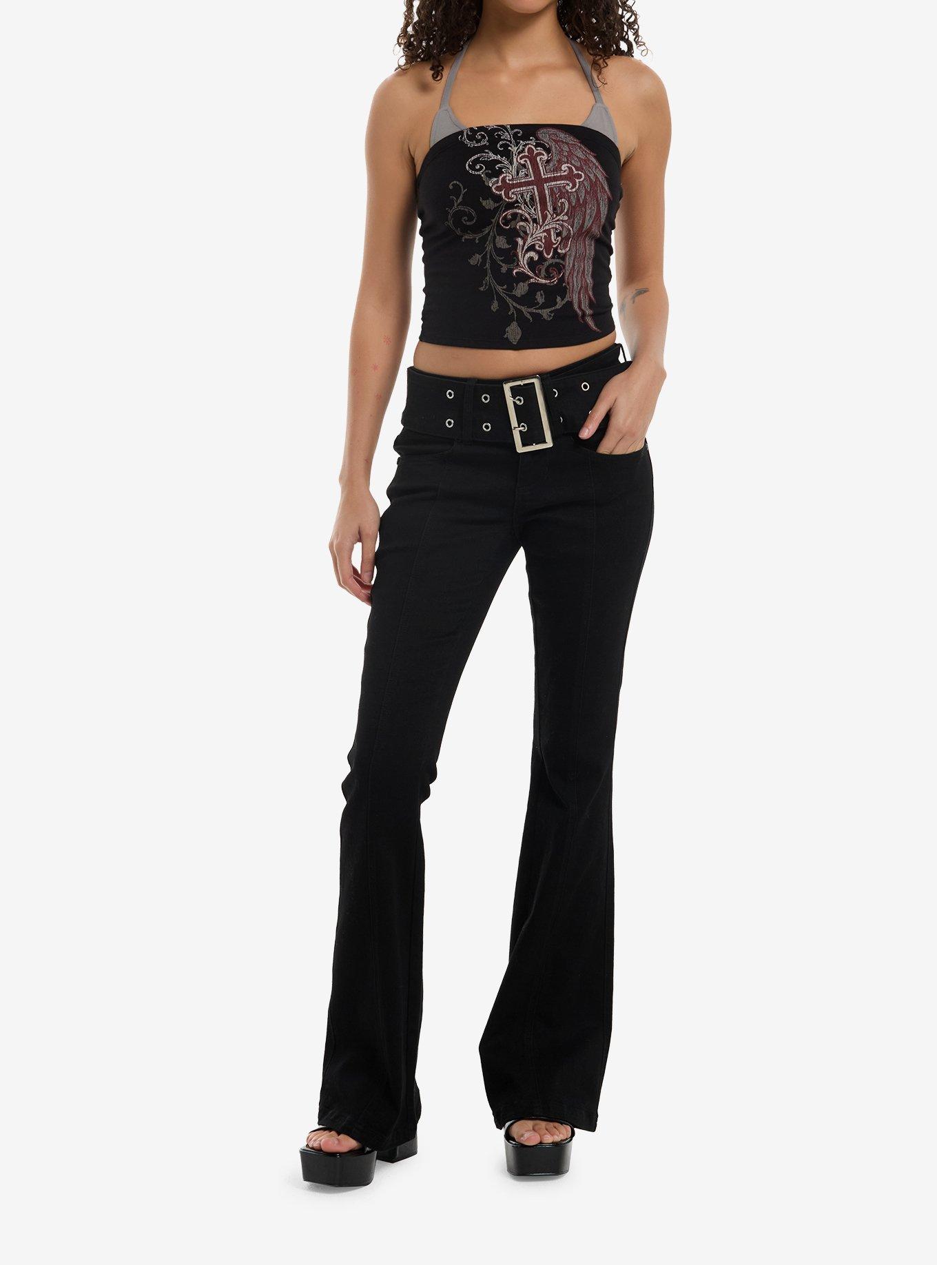 Social Collision Winged Cross & Filigree Halter Top, , hi-res