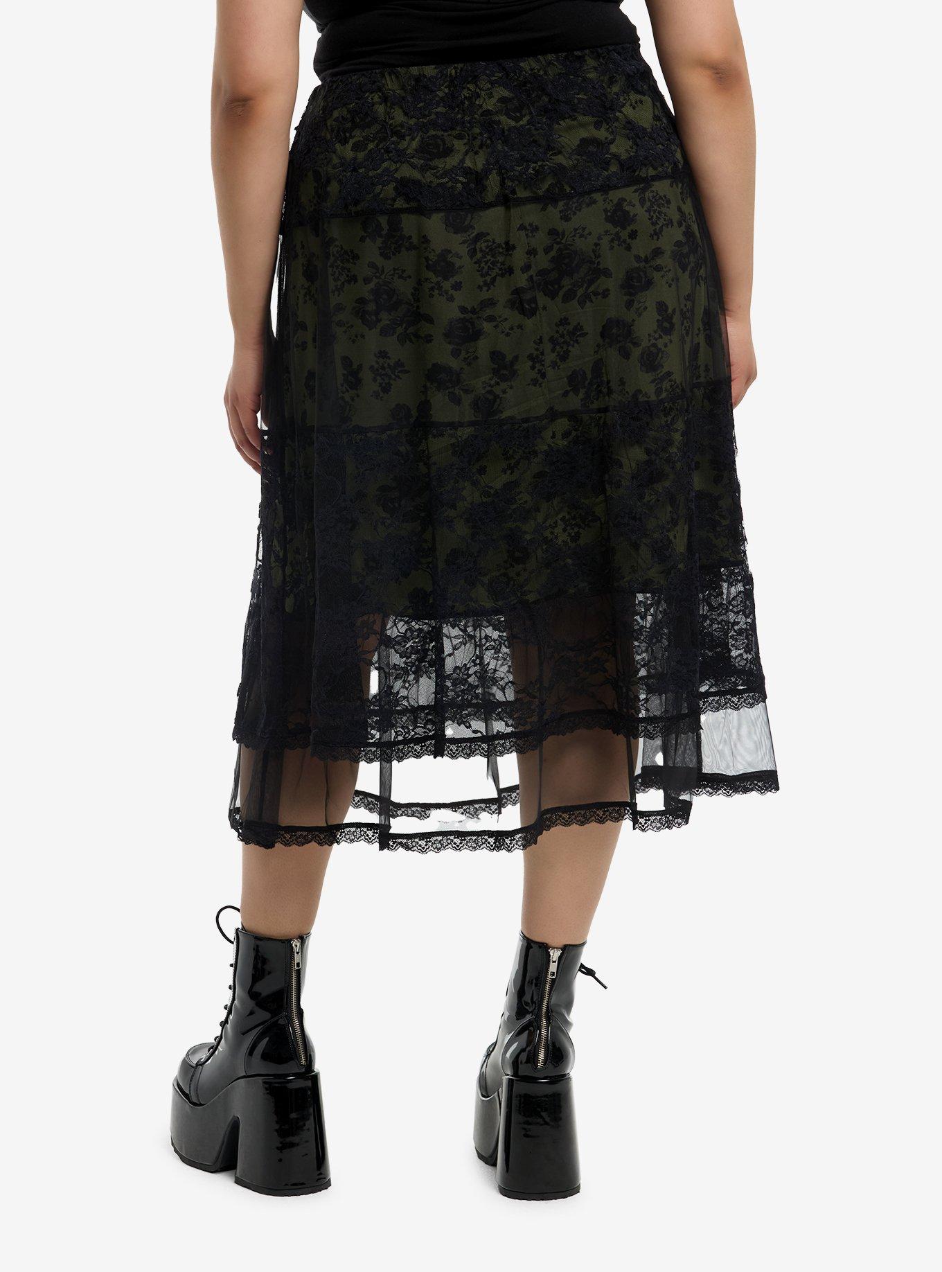 Cosmic Aura Green Floral Lace Layer Midi Skirt Plus Size, , hi-res