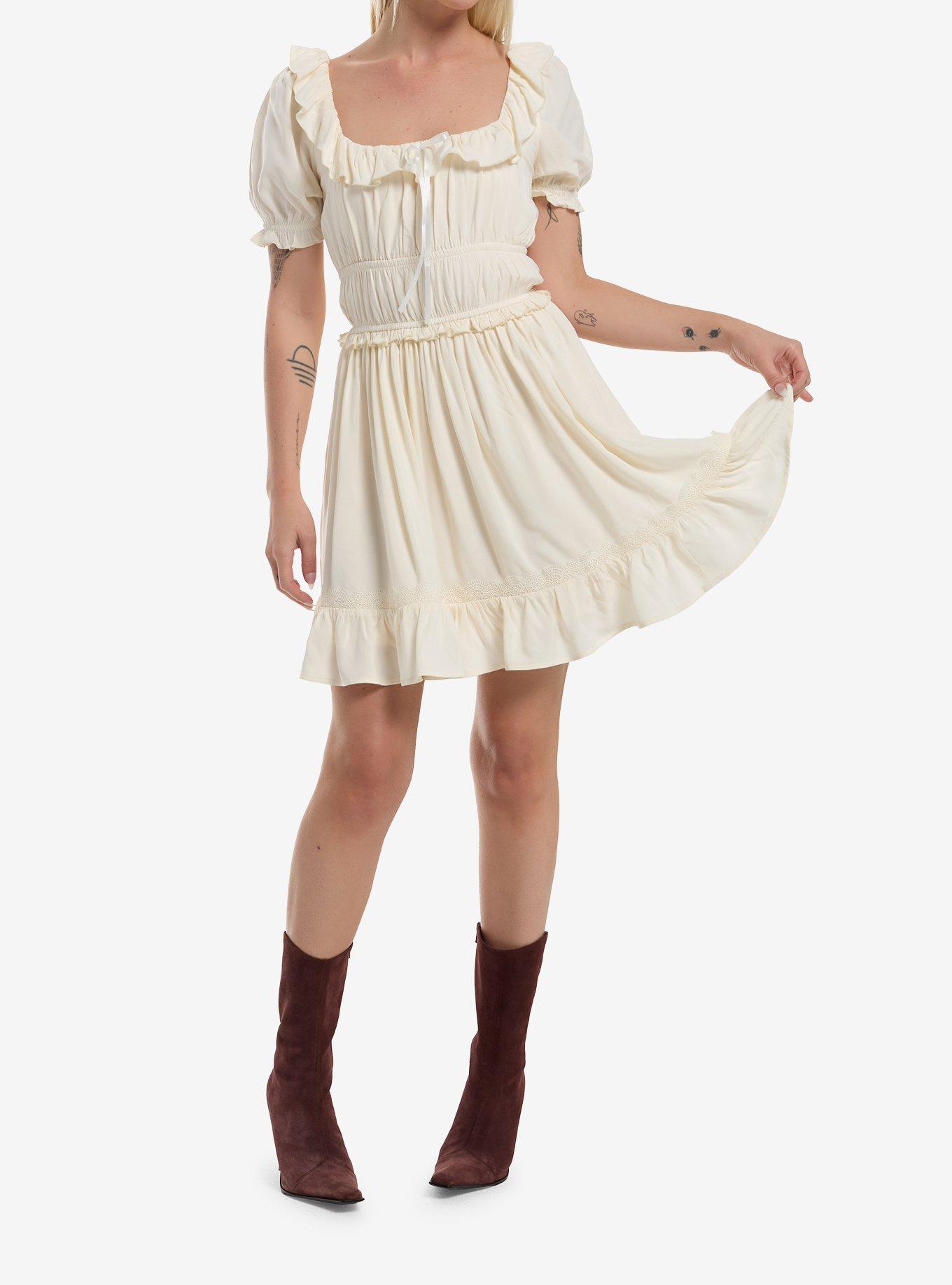 Thorn & Fable Cream Lace Trim Empire Mini Dress, , hi-res