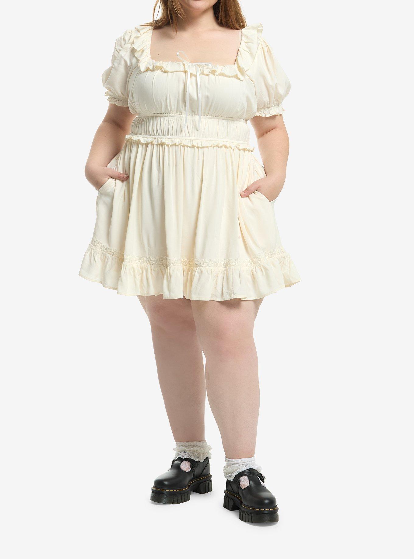 Thorn & Fable Cream Lace Trim Empire Mini Dress Plus Size, , hi-res