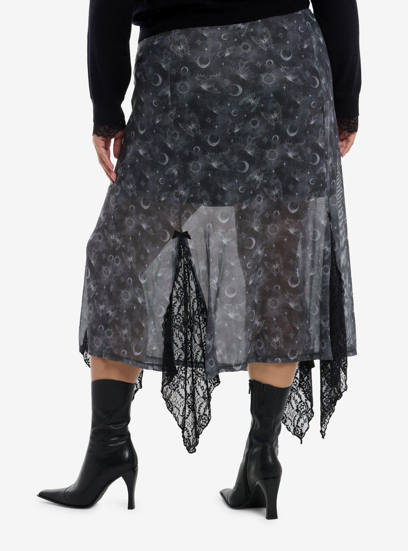 Cosmic Aura Spider Moth Celestial Mesh Midi Skirt Plus Size, , hi-res