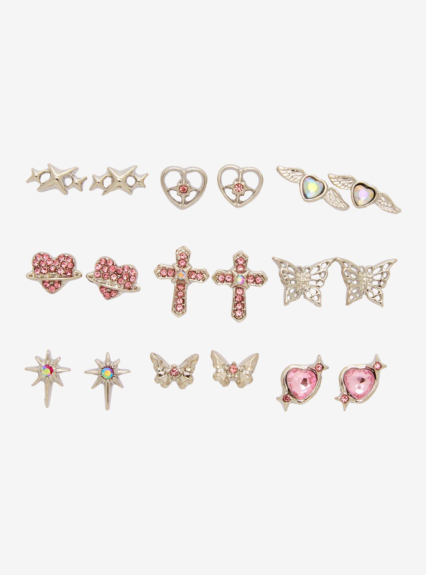 Sweet Society Pink Gem Heart Butterfly Stud Earring Set, , hi-res