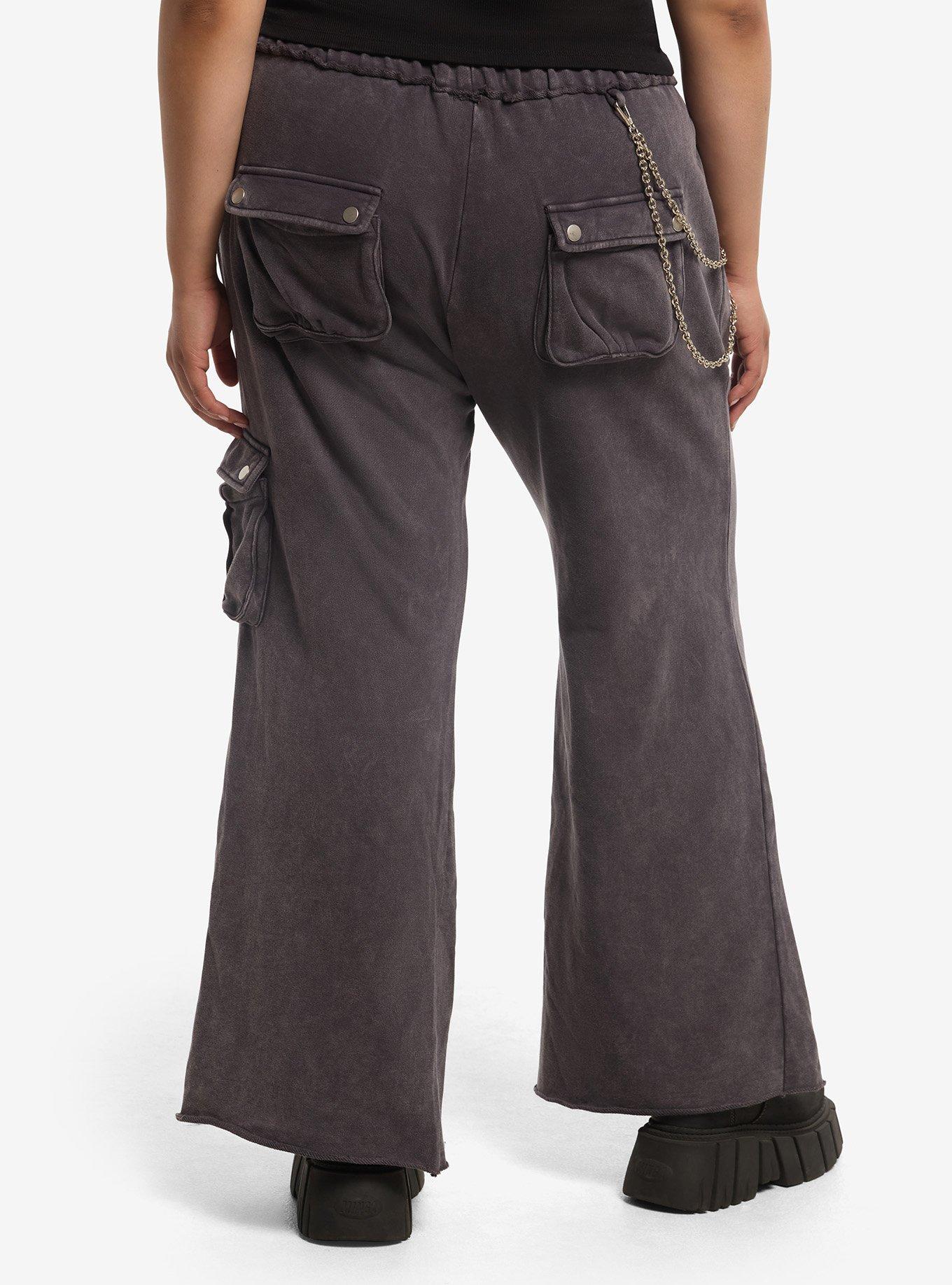 Grey Wash Side Chain Cargo Pocket Lounge Pants Plus Size, , hi-res