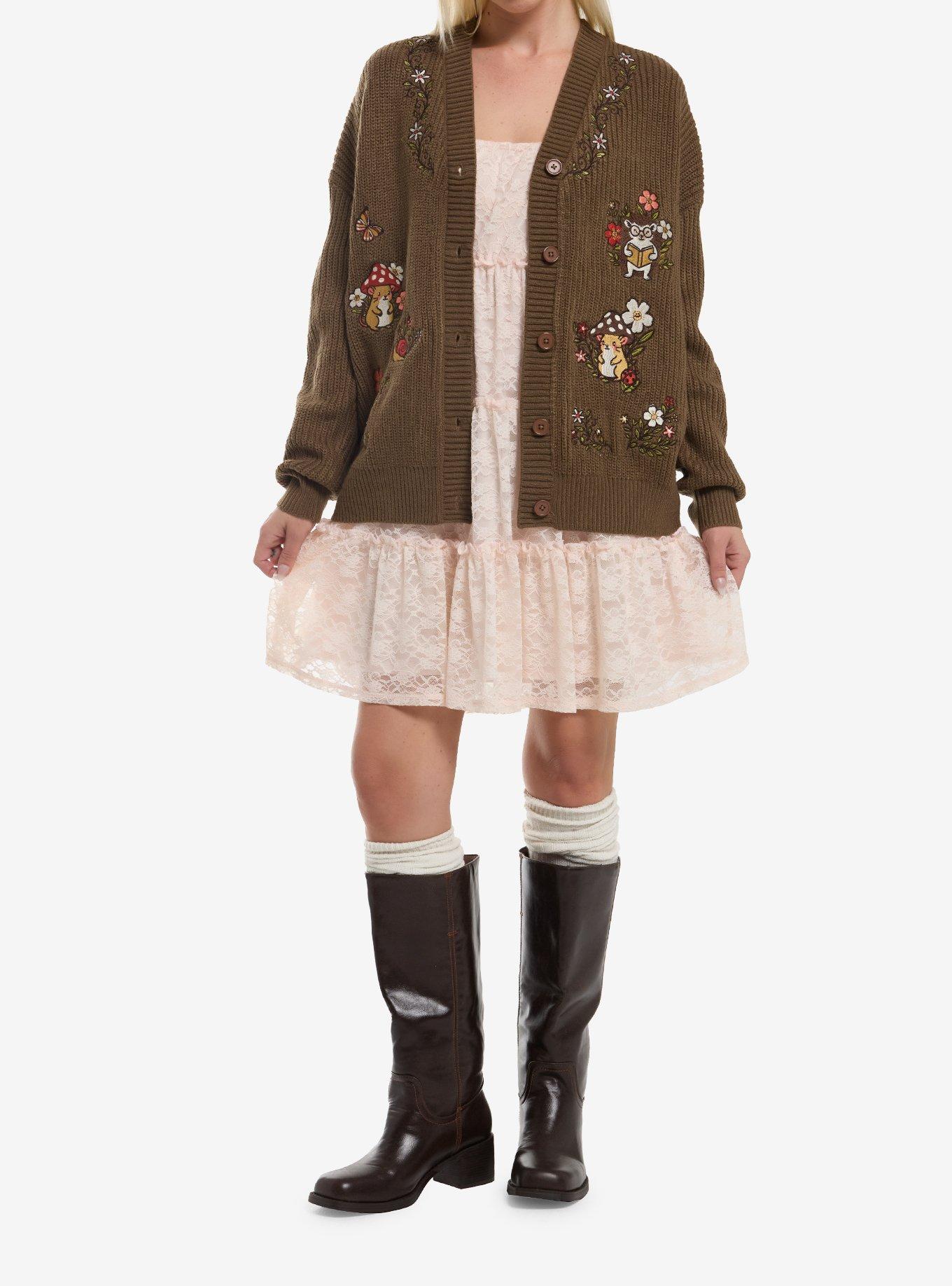 Thorn & Fable Woodland Critters Mushroom Floral Girls Cardigan, , hi-res