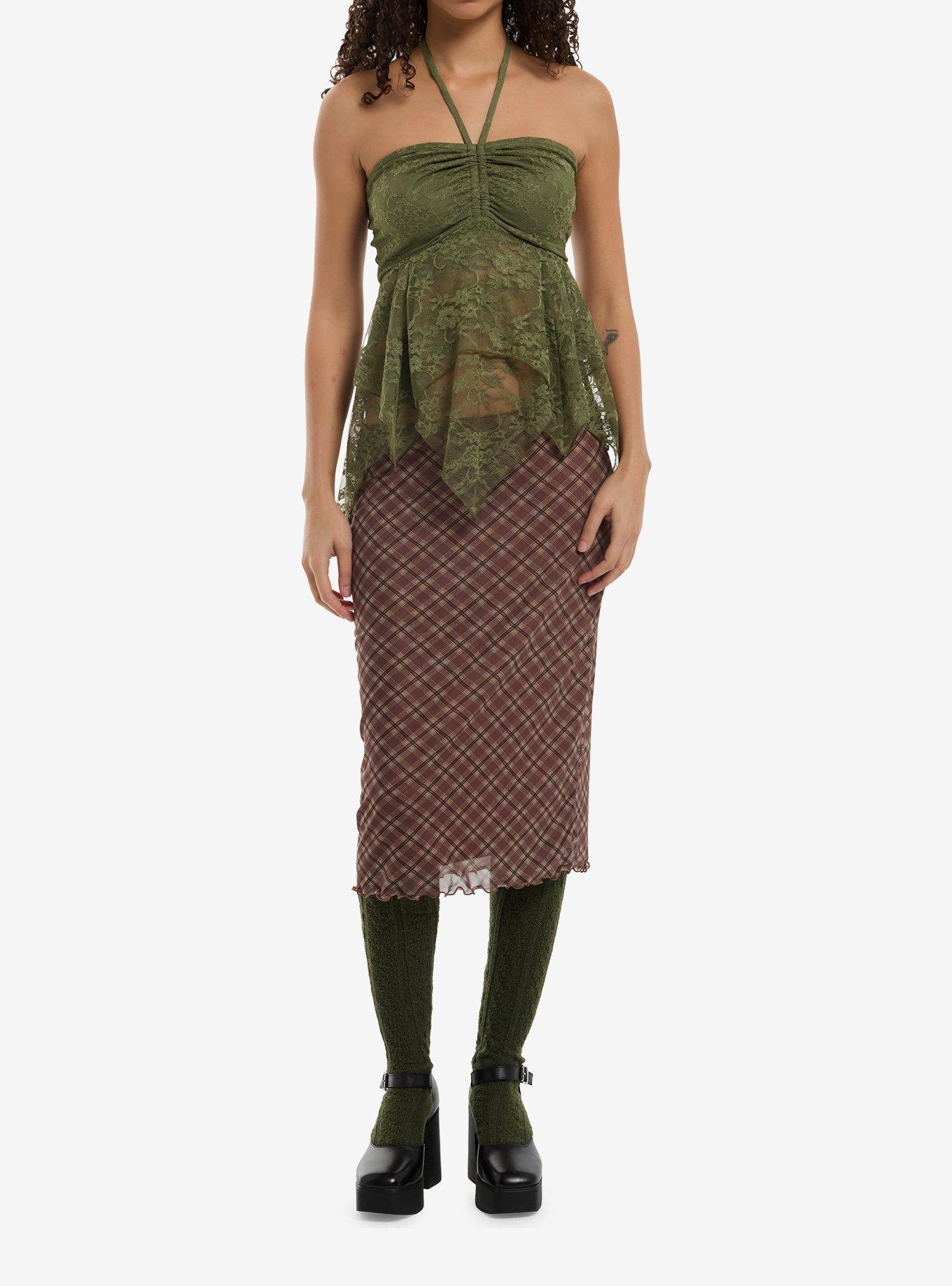 Cosmic Aura Green Lace Hanky Hem Halter Top, , hi-res