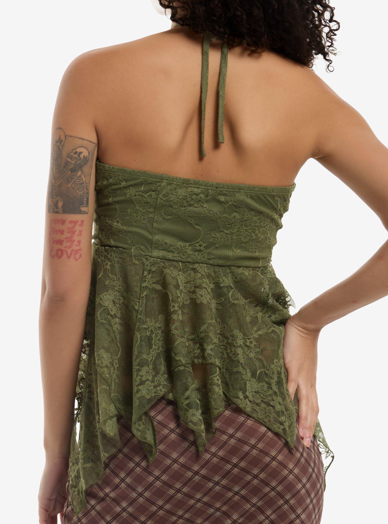 Cosmic Aura Green Lace Hanky Hem Halter Top, MULTI, alternate