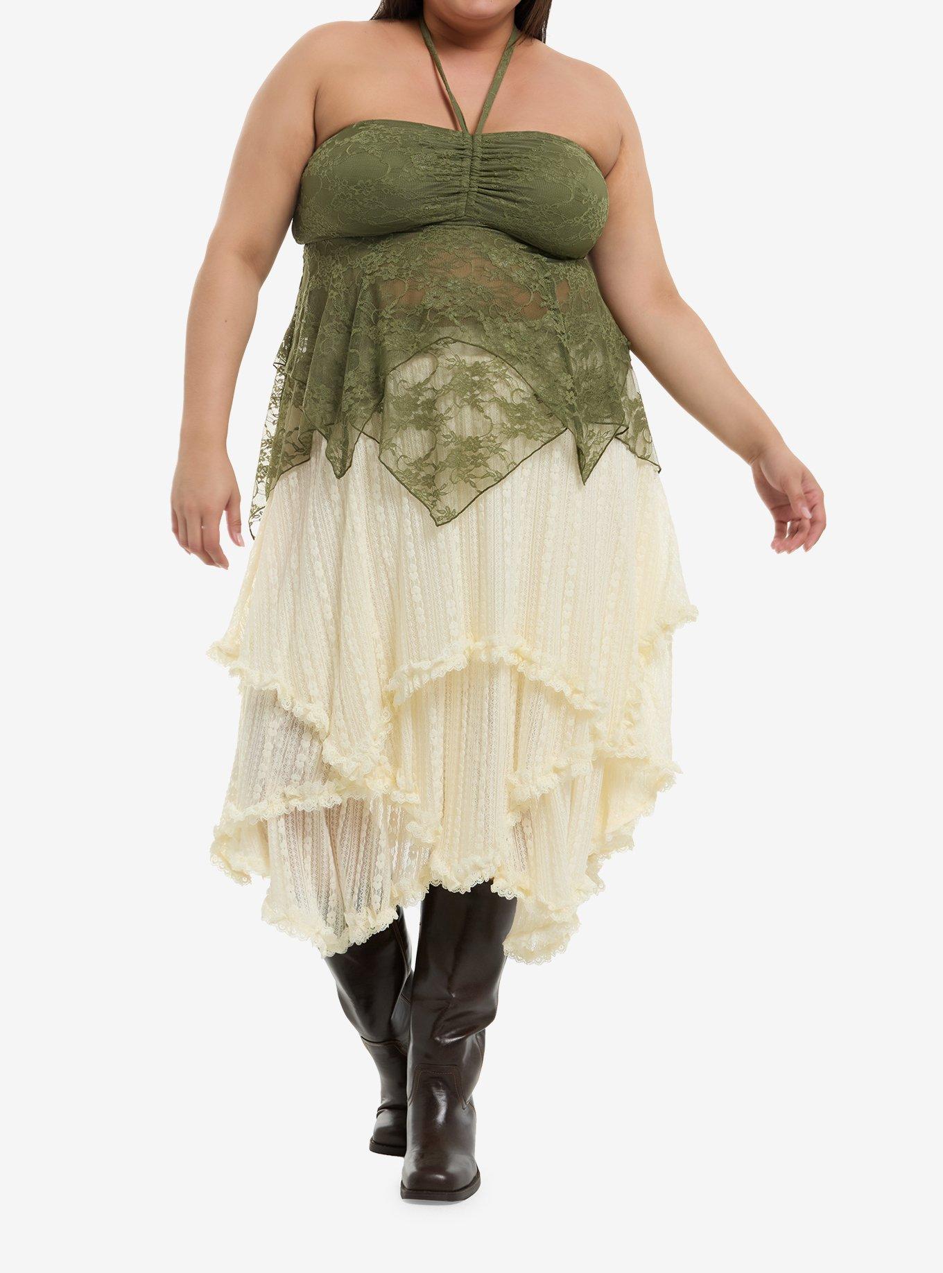 Cosmic Aura Green Lace Hanky Hem Girls Halter Top Plus Size, , hi-res