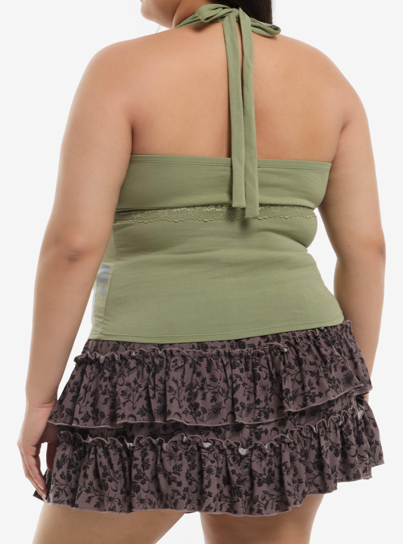 Cosmic Aura Green Floral Embroidery Girls Halter Tank Top Plus Size, MULTI, alternate