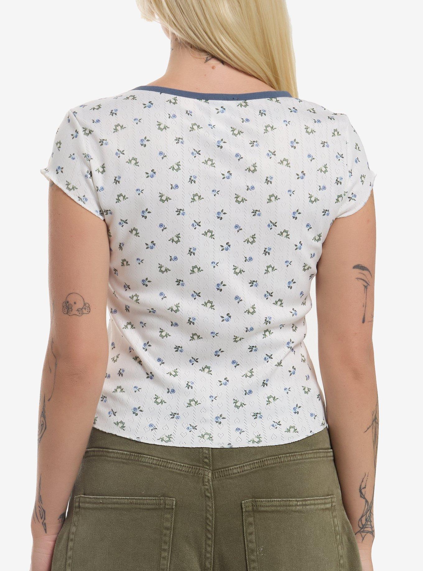 Thorn & Fable Frog Blue Floral Pointelle Girls Top, MULTI, alternate