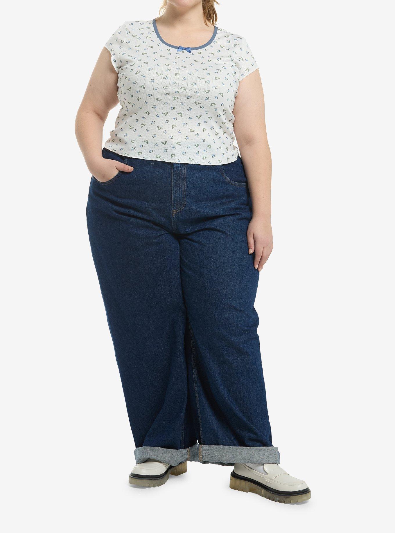 Thorn & Fable Frog Blue Floral Pointelle Girls Top Plus Size, , hi-res