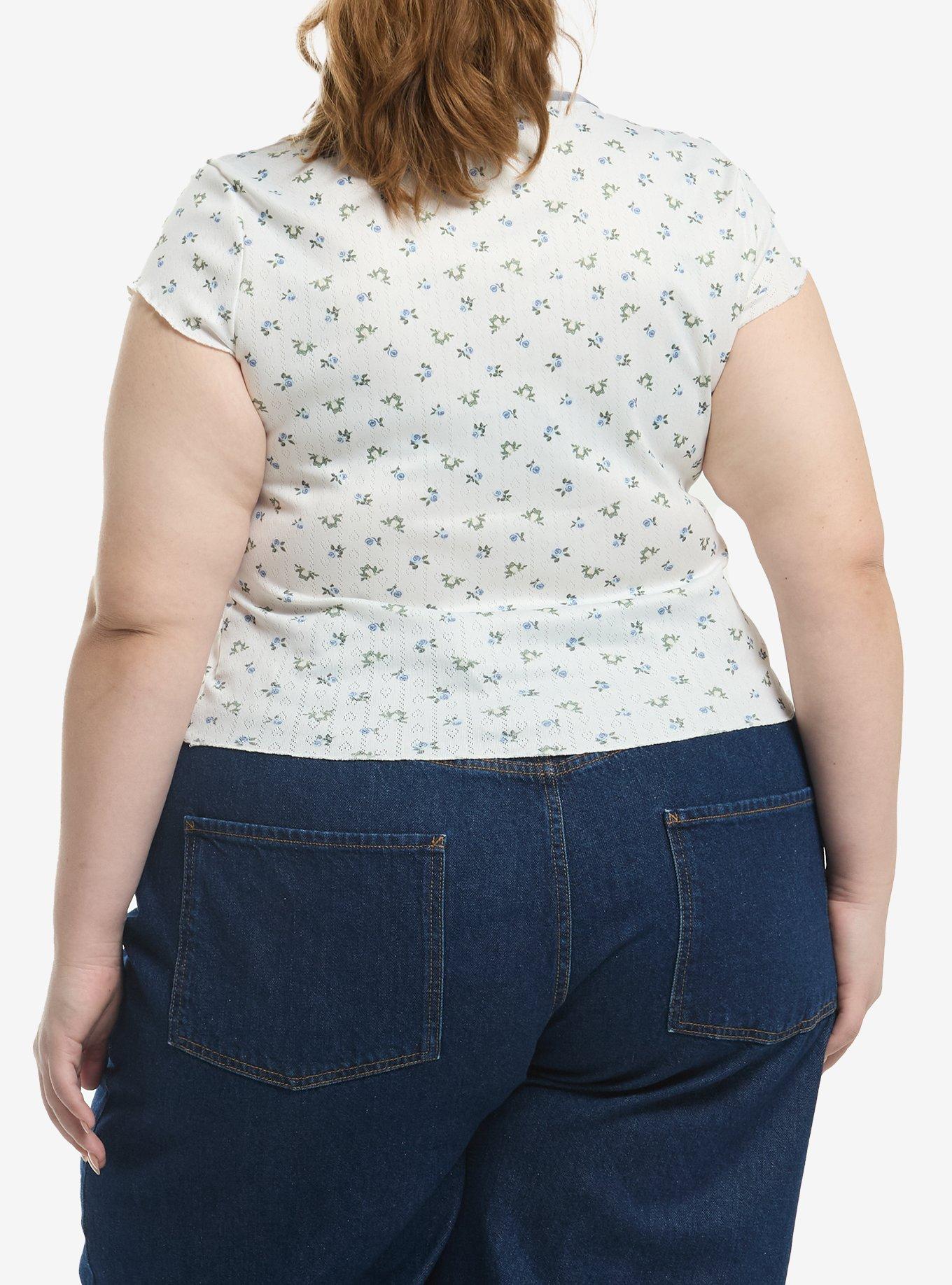 Thorn & Fable Frog Blue Floral Pointelle Girls Top Plus Size, MULTI, alternate