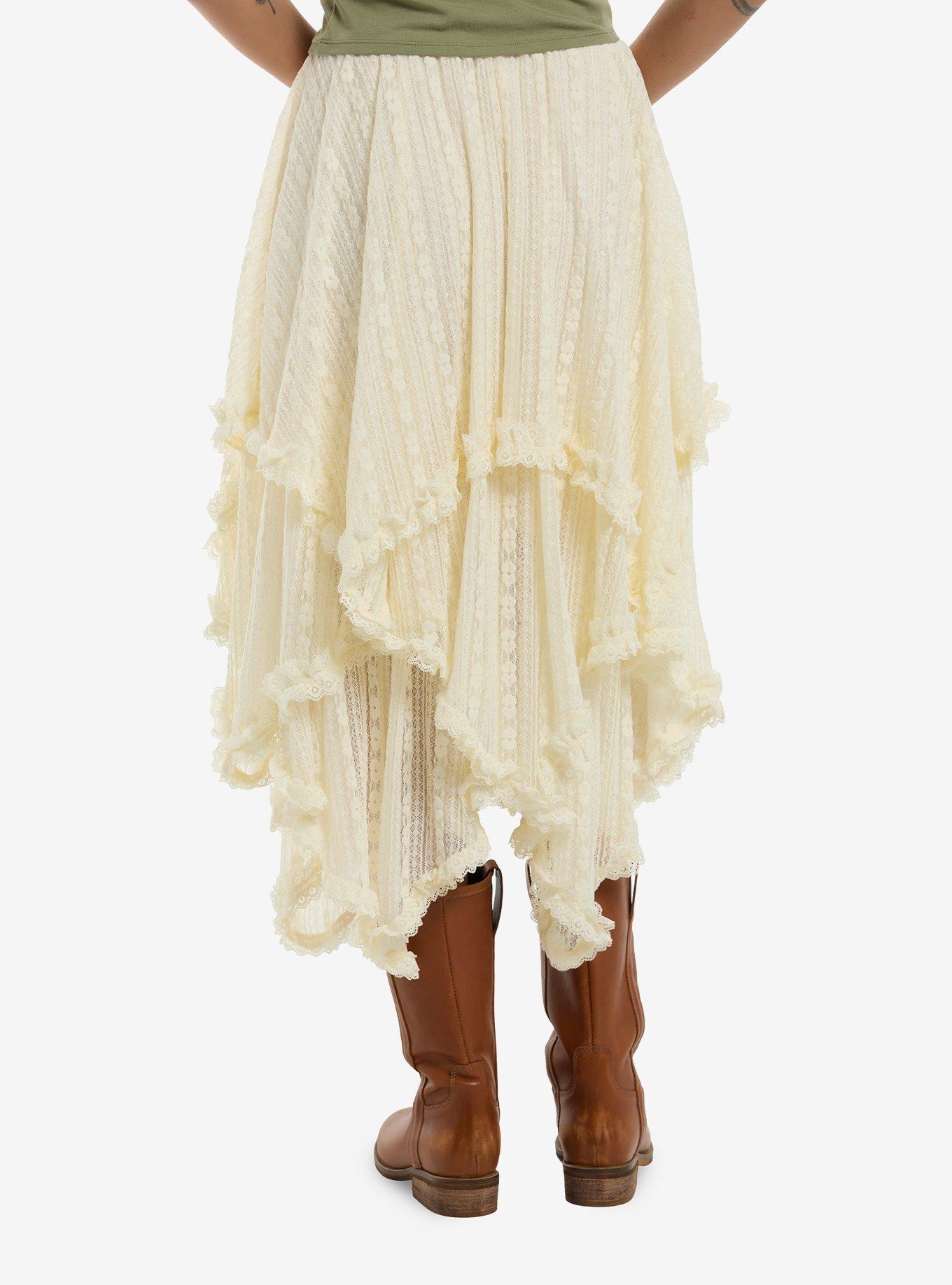 Cosmic Aura Cream Ruffle Layered Trim Midi Skirt, , hi-res