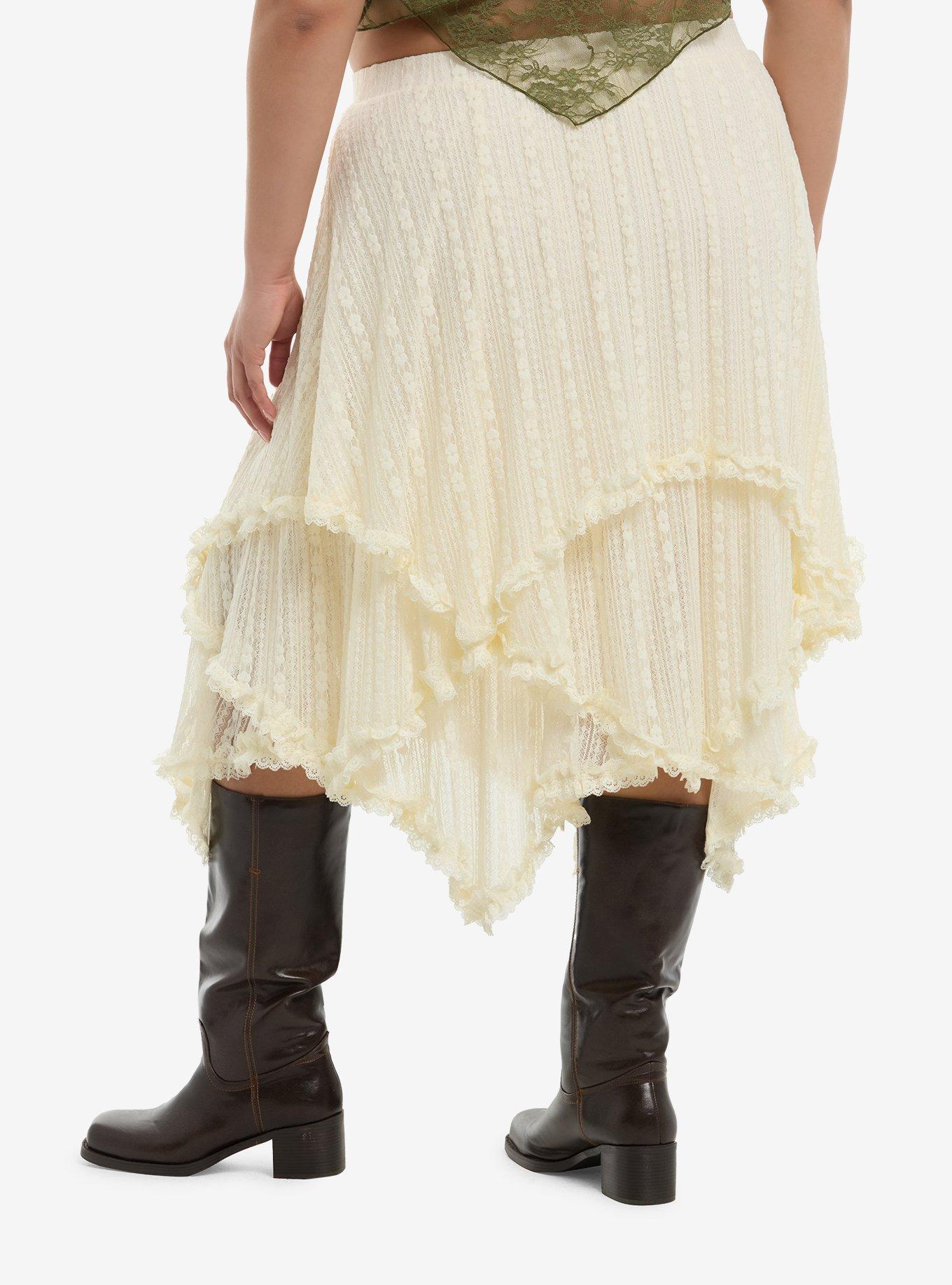 Cosmic Aura Cream Ruffle Layered Trim Midi Skirt Plus Size, , hi-res