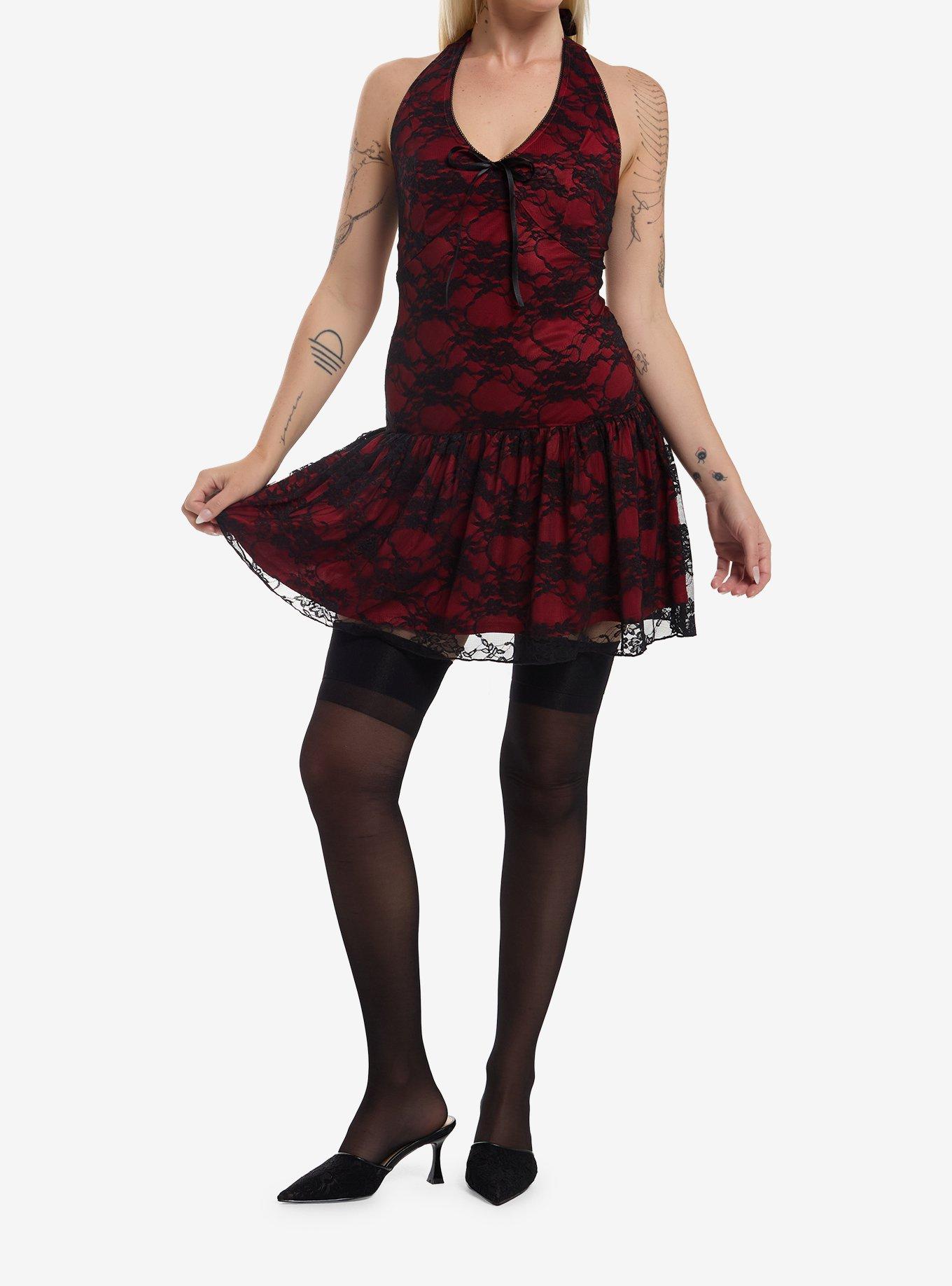 Social Collision Red & Black Lace Halter Dress, , hi-res