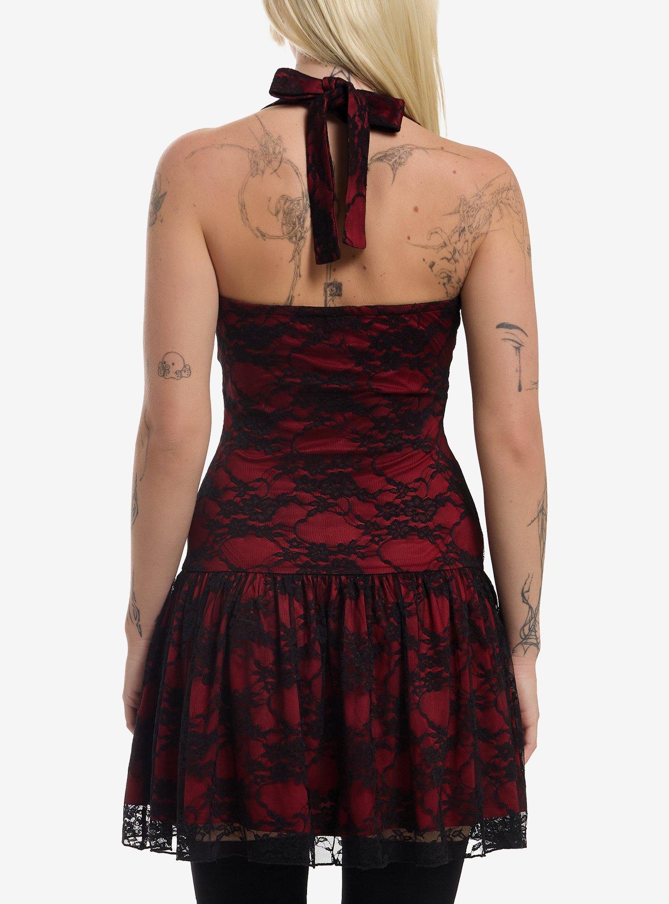 Social Collision Red & Black Lace Halter Dress, MULTI, alternate