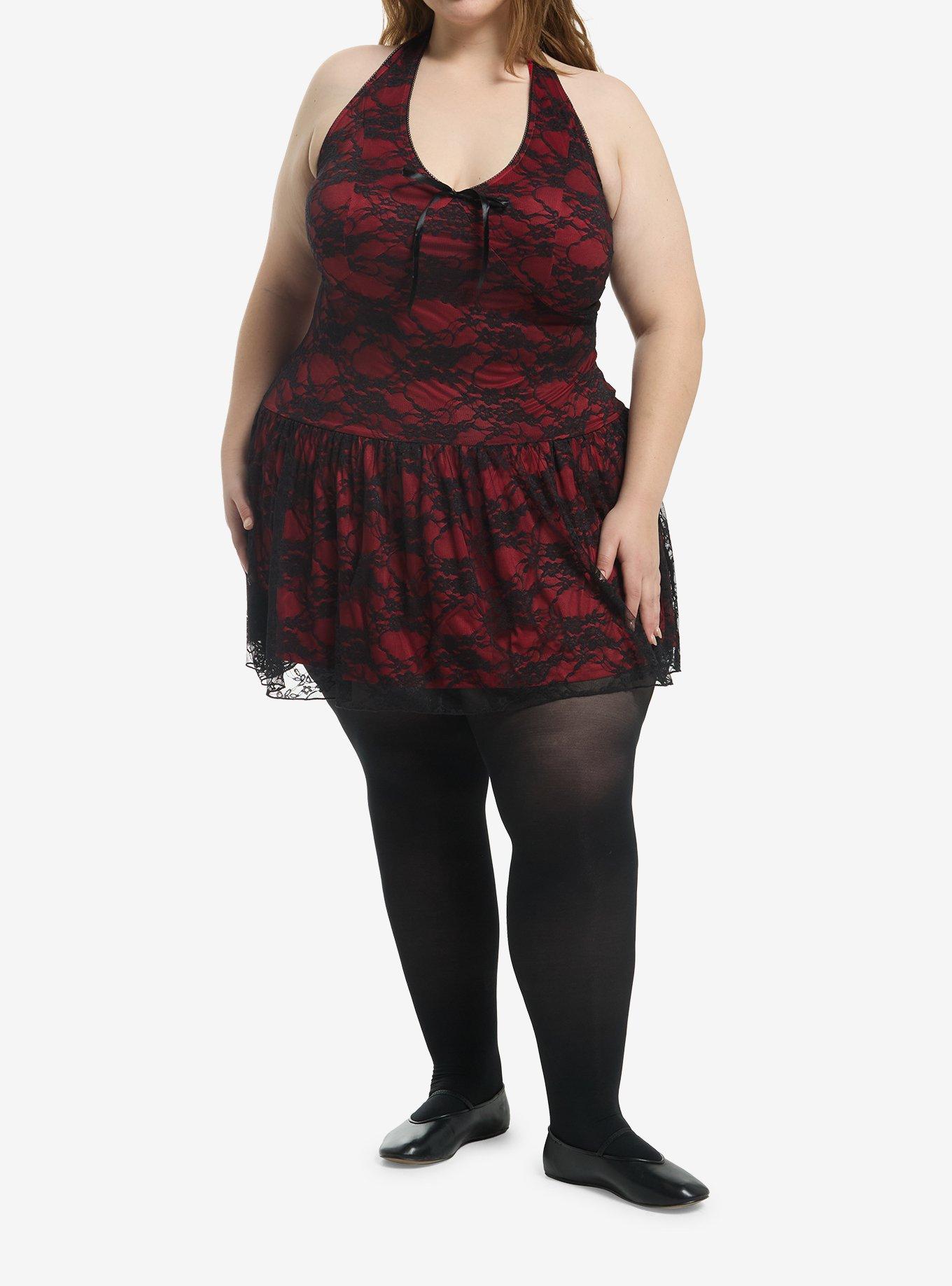 Social Collision Red & Black Lace Halter Dress Plus Size, , hi-res
