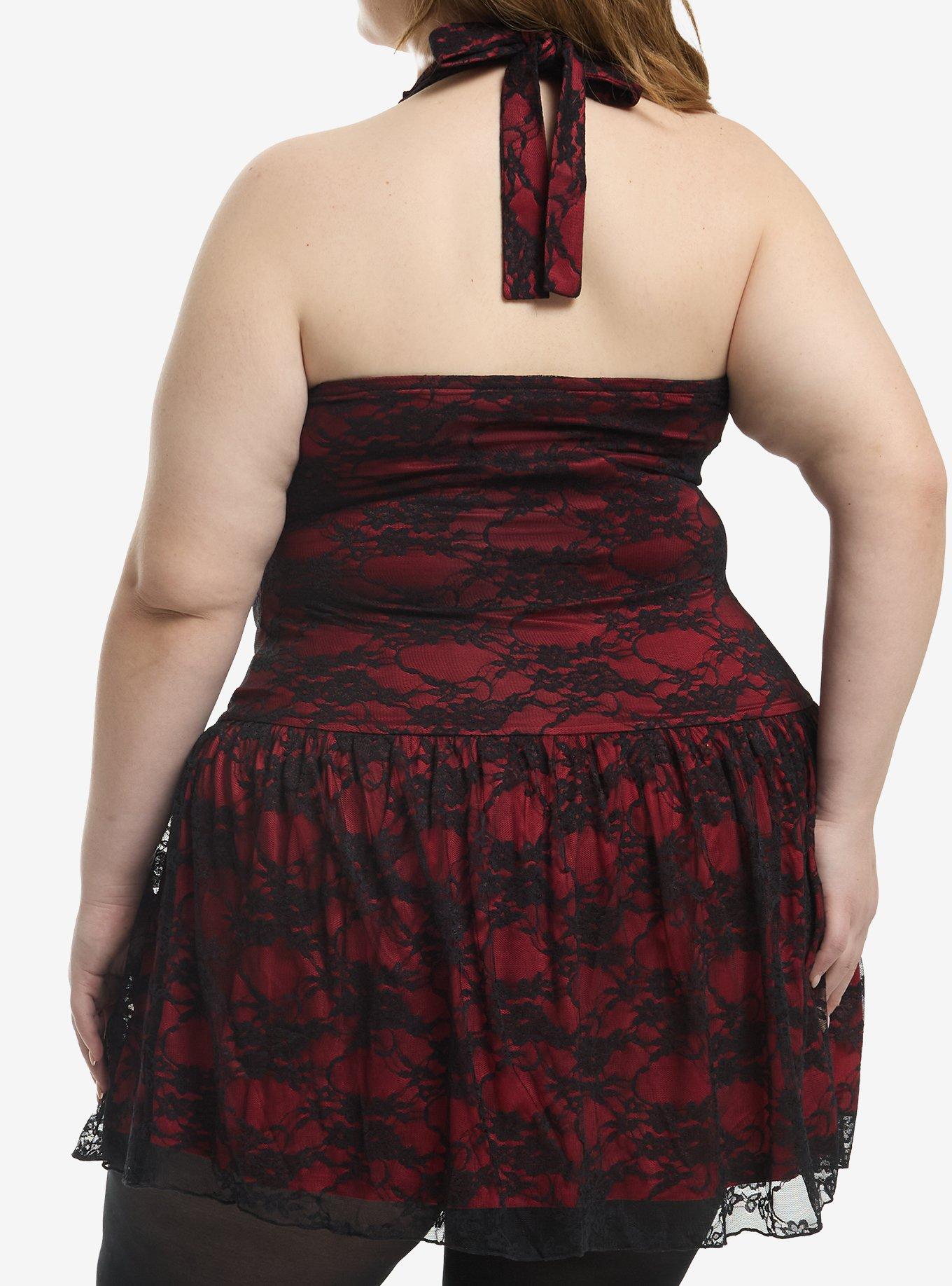 Social Collision Red & Black Lace Halter Dress Plus Size, MULTI, alternate