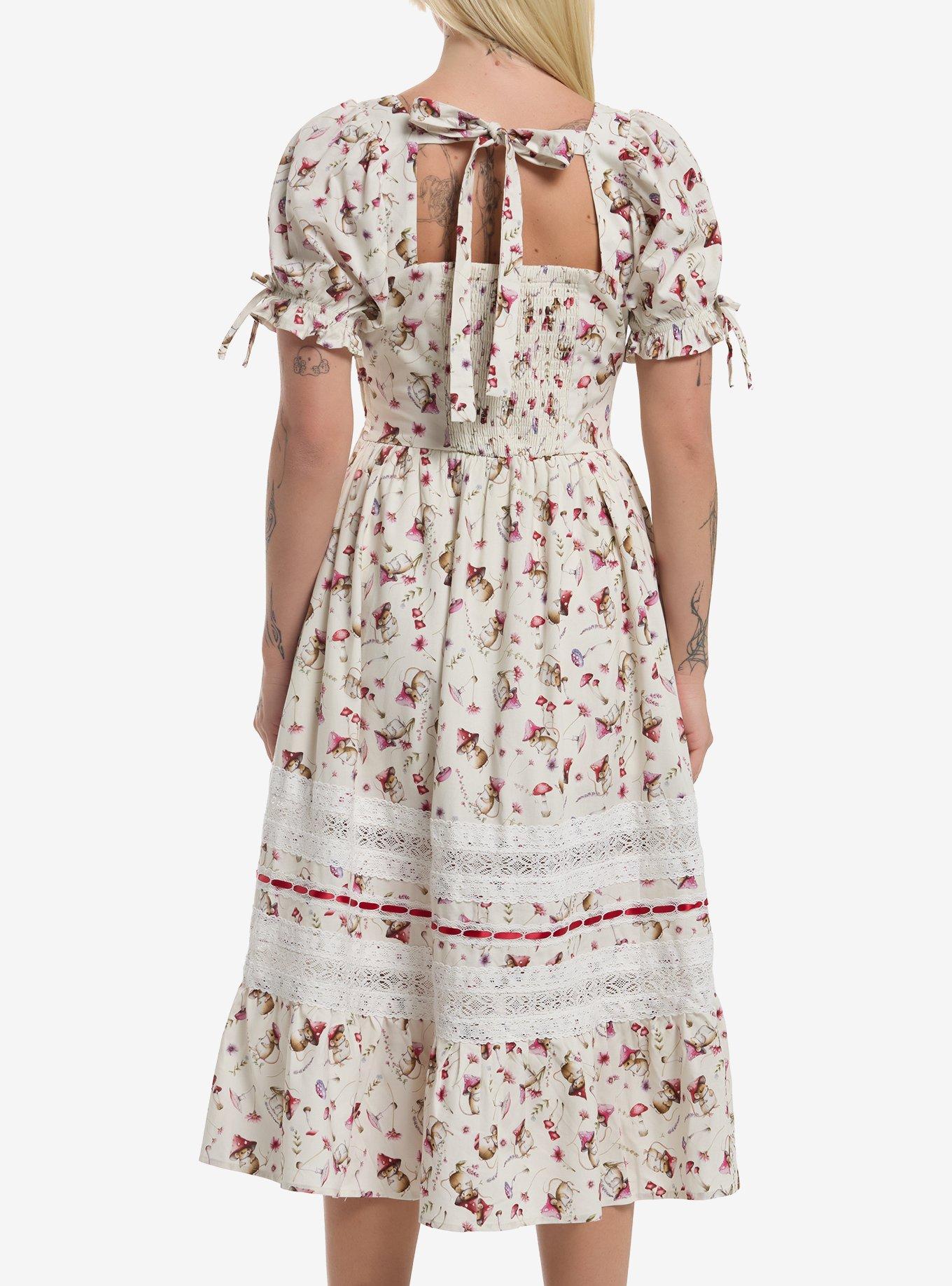 Thorn & Fable Mouse Mushroom Ribbon & Lace Tiered Dress, , hi-res