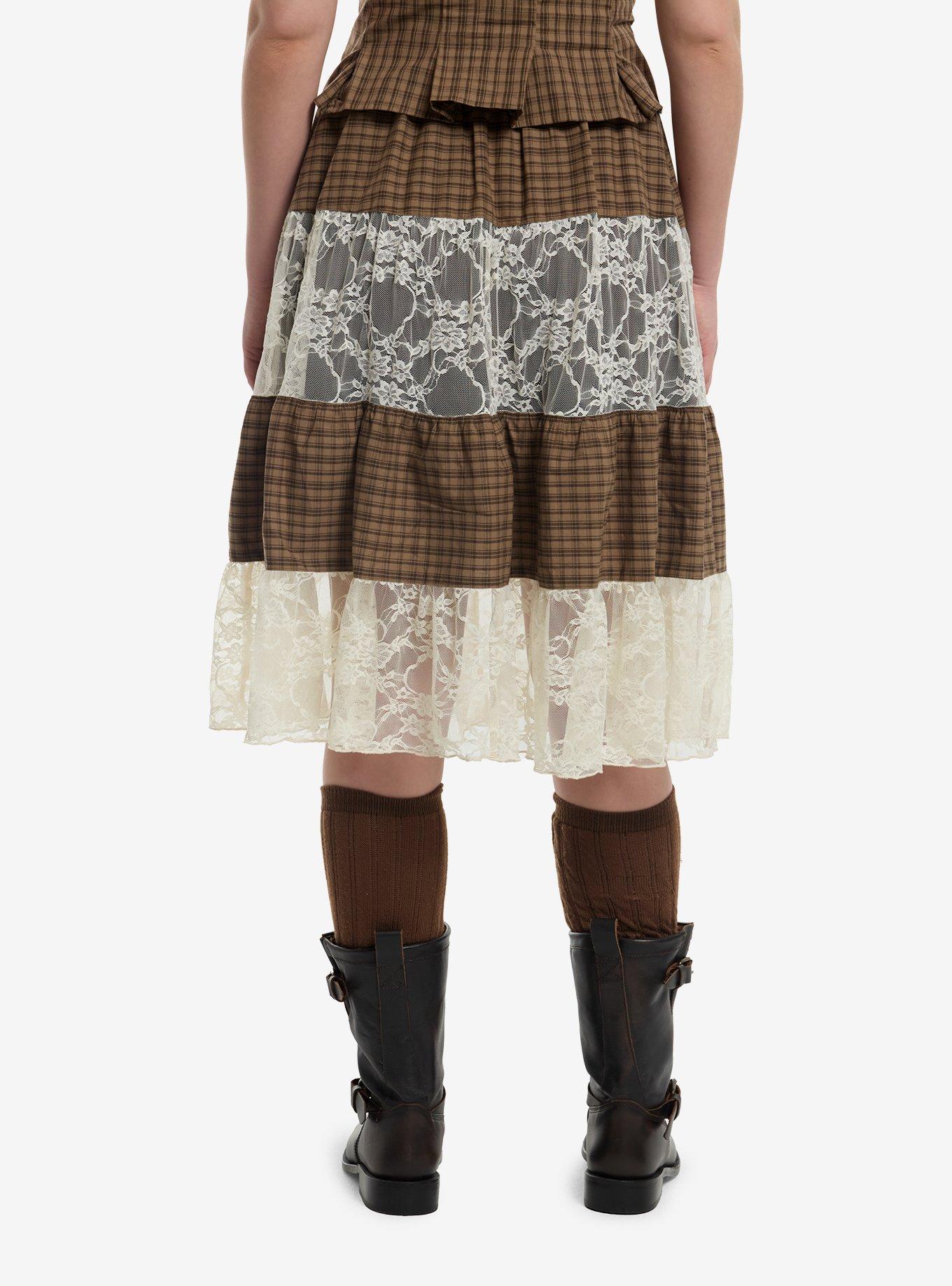 Thorn & Fable Brown Plaid & Lace Tiered Midi Skirt, , hi-res