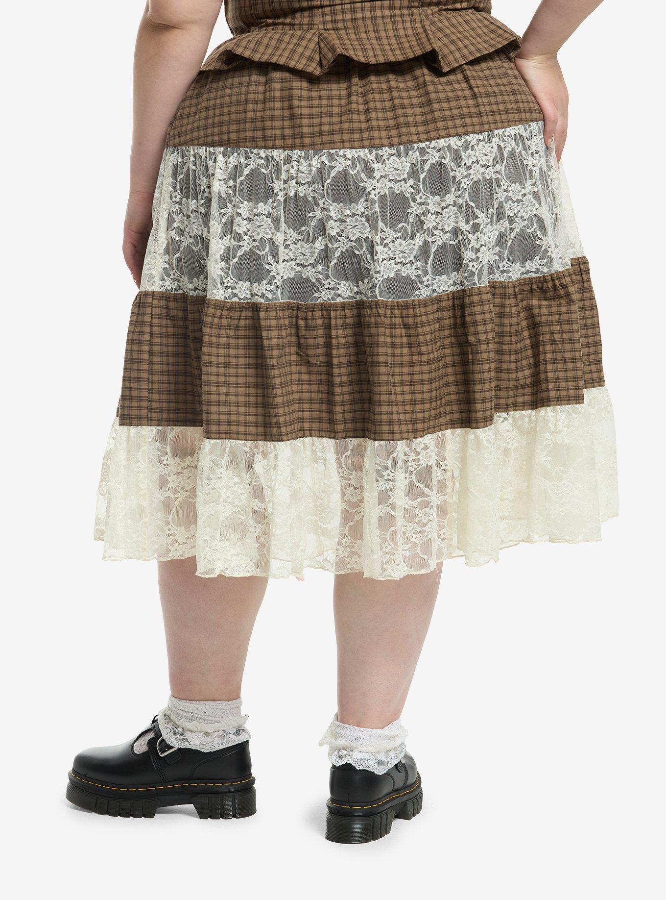 Thorn & Fable Brown Plaid & Lace Tiered Midi Skirt, , hi-res