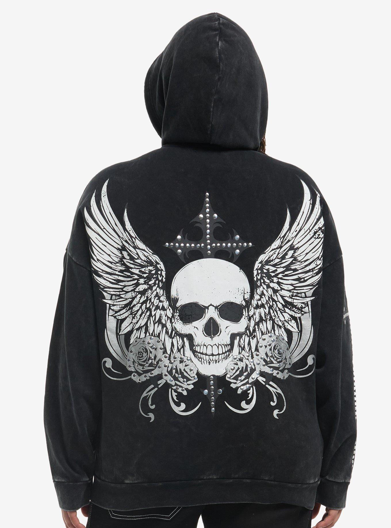 Social Collision Triple Skull Stud Cross Girls Hoodie Plus Size, , hi-res