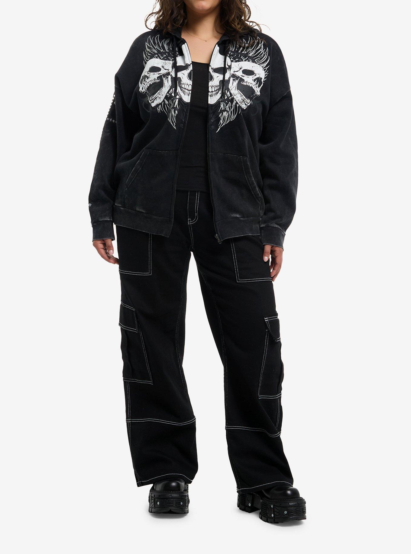 Social Collision Triple Skull Stud Cross Girls Hoodie Plus Size, MULTI, alternate