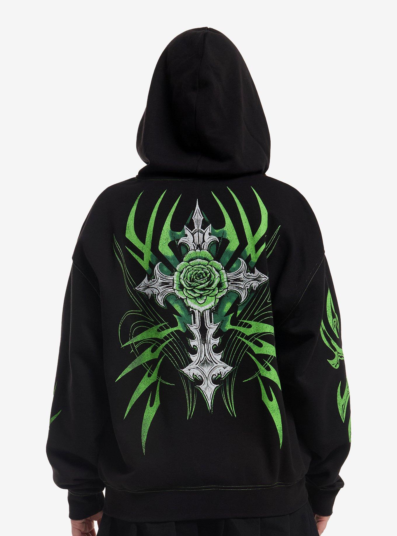 Social Collision Black & Lime Green Skull Cyber Girls Hoodie, , hi-res