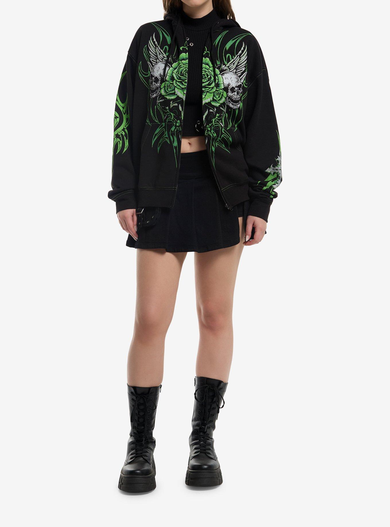 Social Collision Black & Lime Green Skull Cyber Girls Hoodie, MULTI, alternate