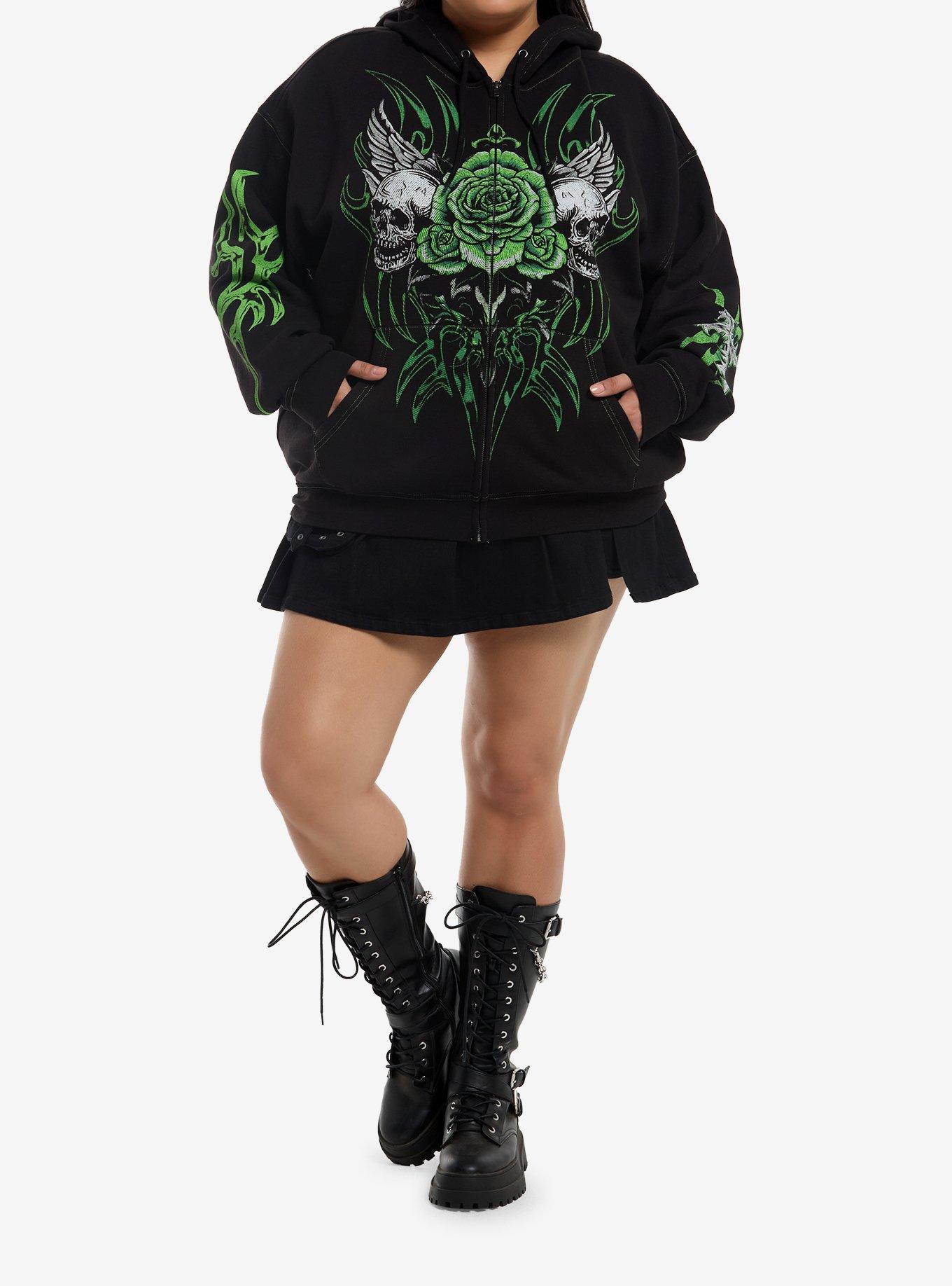 Social Collision Black & Lime Green Skull Cyber Girls Hoodie Plus Size, , hi-res