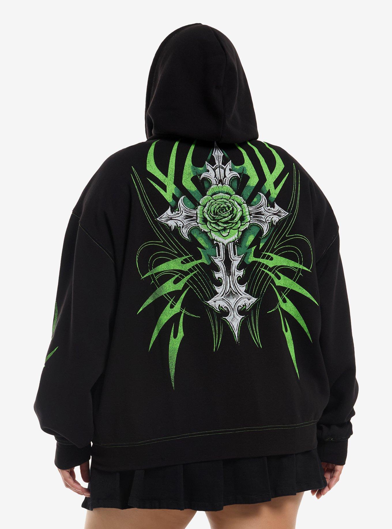 Social Collision Black & Lime Green Skull Cyber Girls Hoodie Plus Size, MULTI, alternate