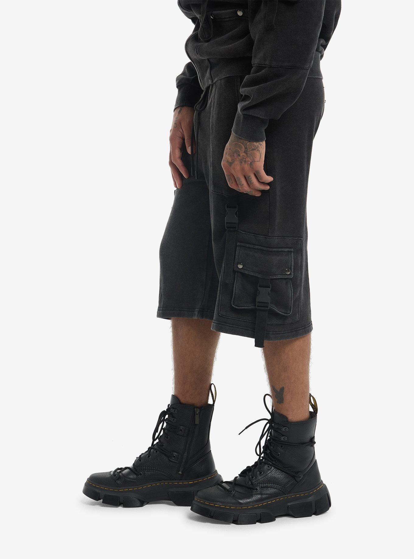 Utility Snap Button Fleece Cargo Shorts, BLACK, alternate