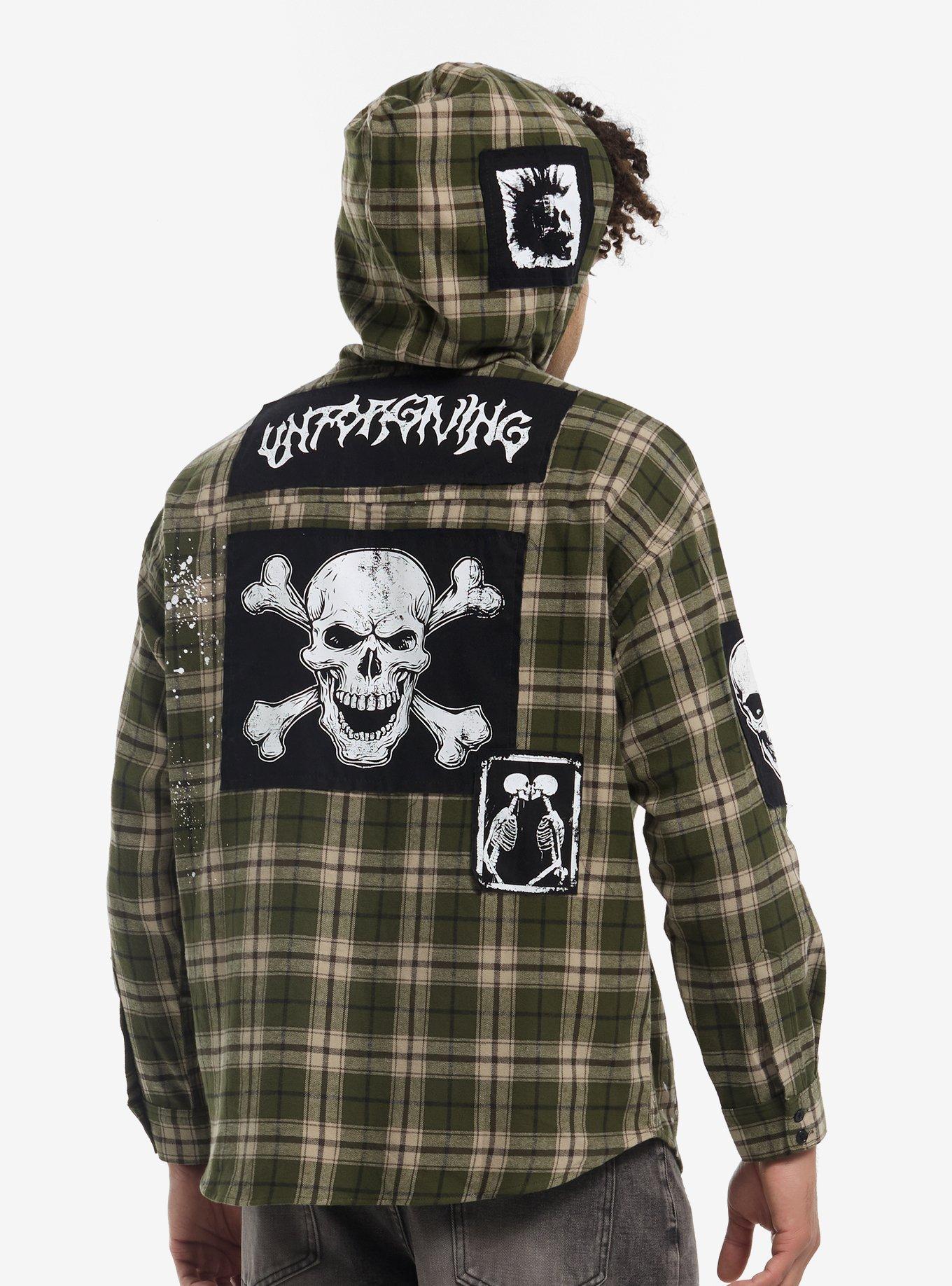 Green Plaid Skull Patches Hooded Flannel Button-Up, , hi-res